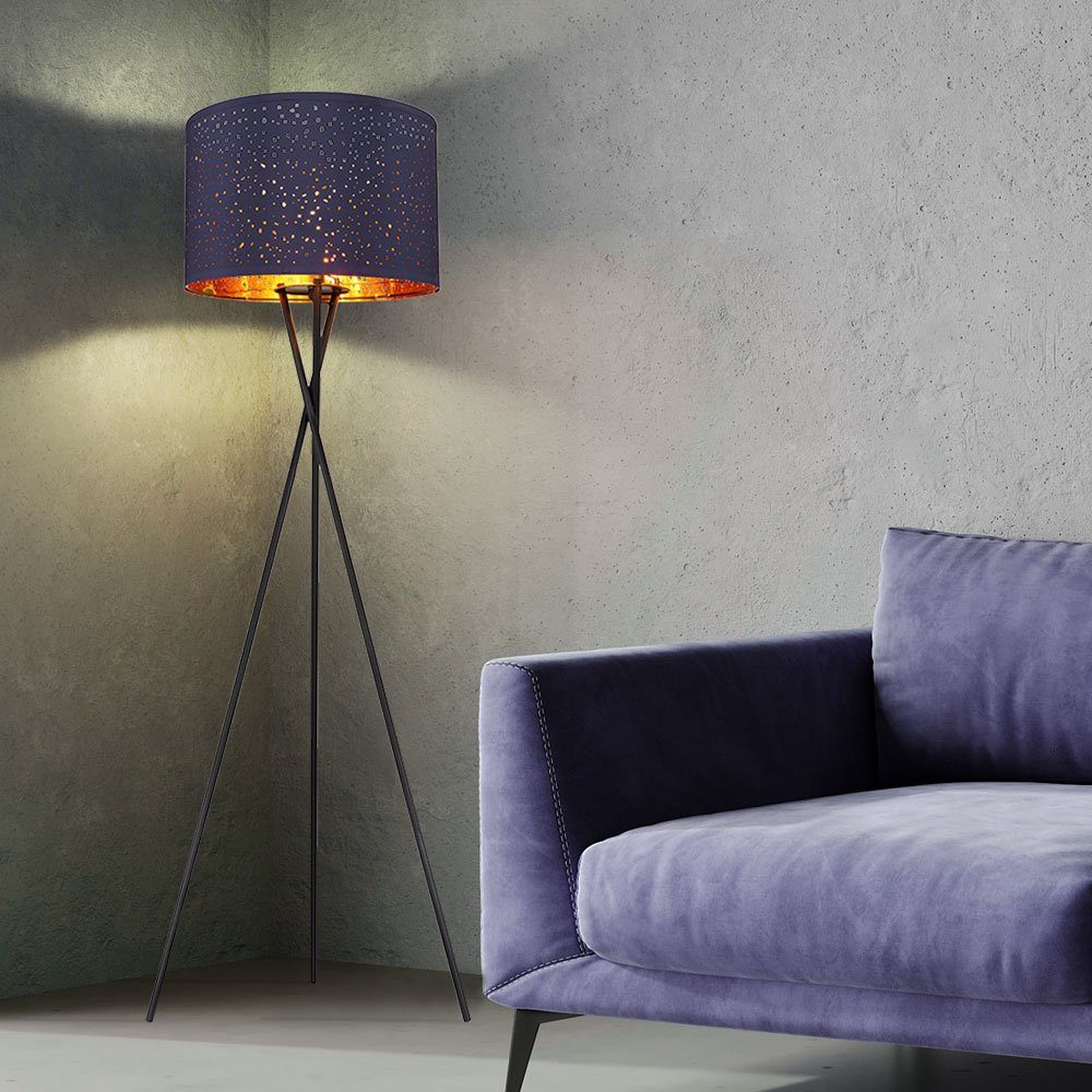 Globo Stehlampe, Leuchtmittel nicht inklusive, Stehleuchte Wohnzimmerlampe Metall schwarz Textil blau Dreibein D 62cm