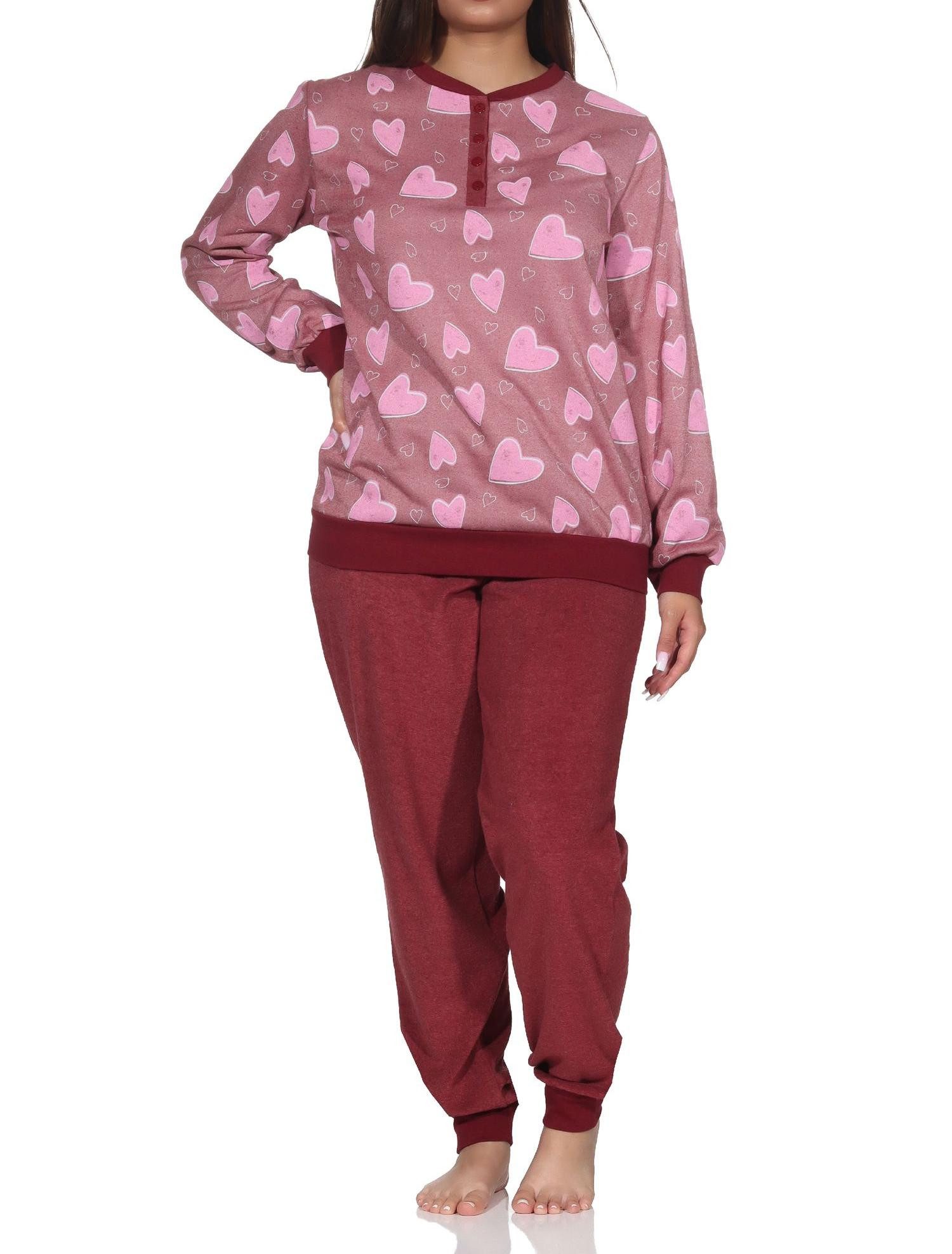 Pyjama Normann Damen langarm Frottee Schlafanzug mit Bündchen in Herz Optik