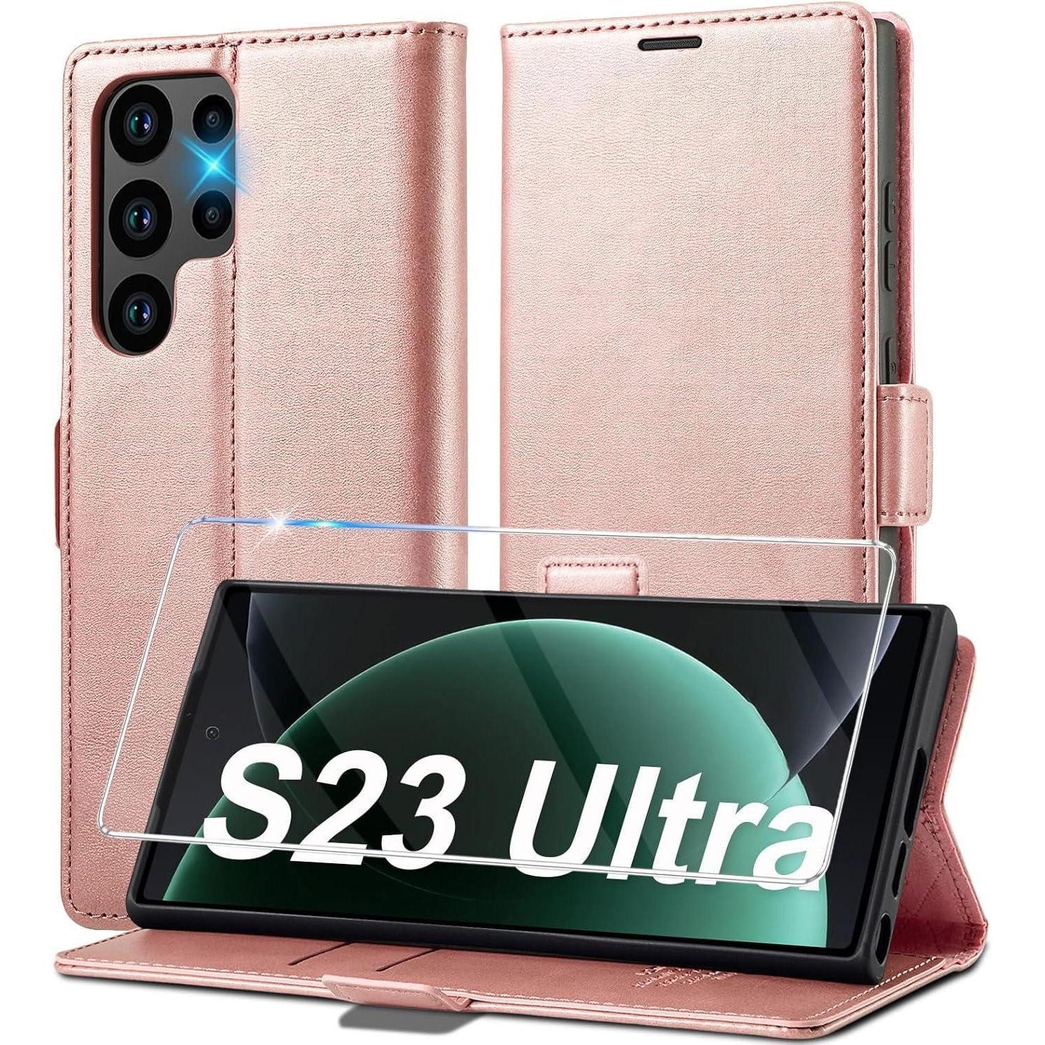 LuxusKollektion Flip Case Handyhülle S23 Ultra 5G Klapphülle Leder Stoßfest Pink