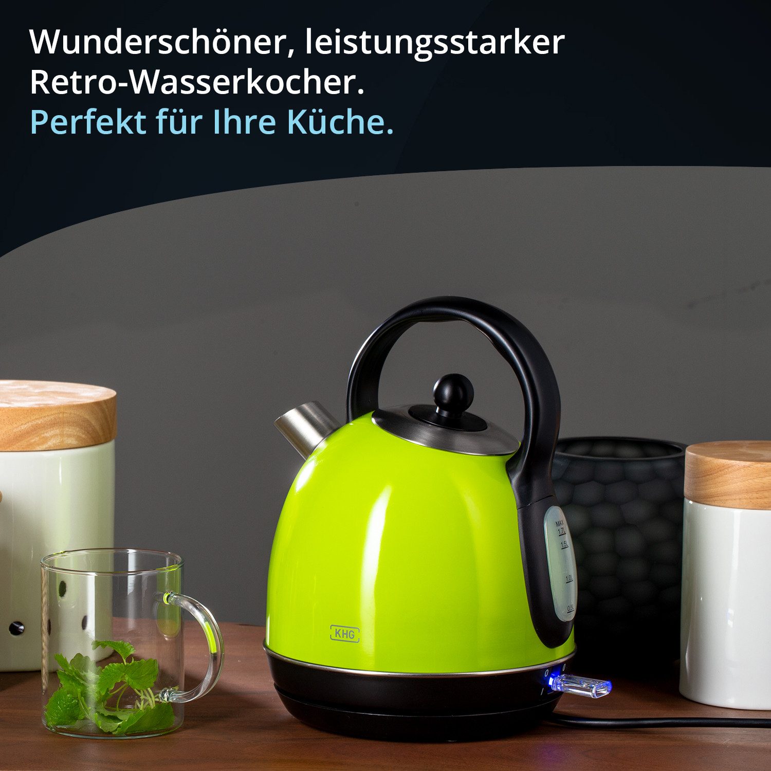 KHG Wasserkocher Kessel-Wasserkocher WK-1711 Retro in grün aus Edelstahl, 1,7 Liter, 1.7 l