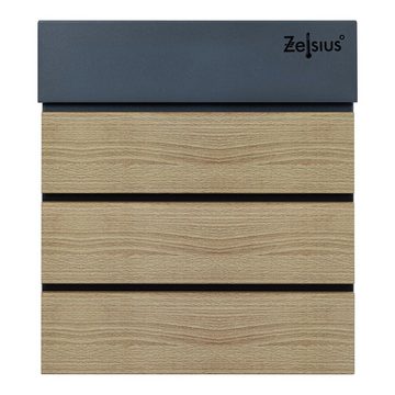 Zelsius Wandbriefkasten Briefkasten Wood mit Zeitungsfach, RAL7016 Anthrazit, Holzoptik, Integrierter Soft-Close Mechanismus, Absenkautomatik