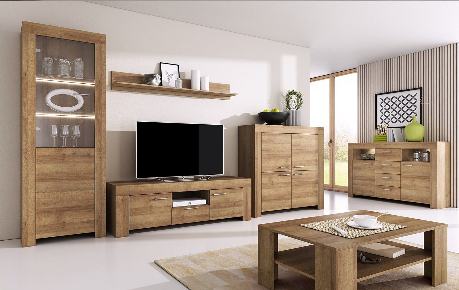 Beautysofa Wohnzimmer-Set Schrankwand SKY mit Vitrine + RTV mit Regal + Kom günstig online kaufen