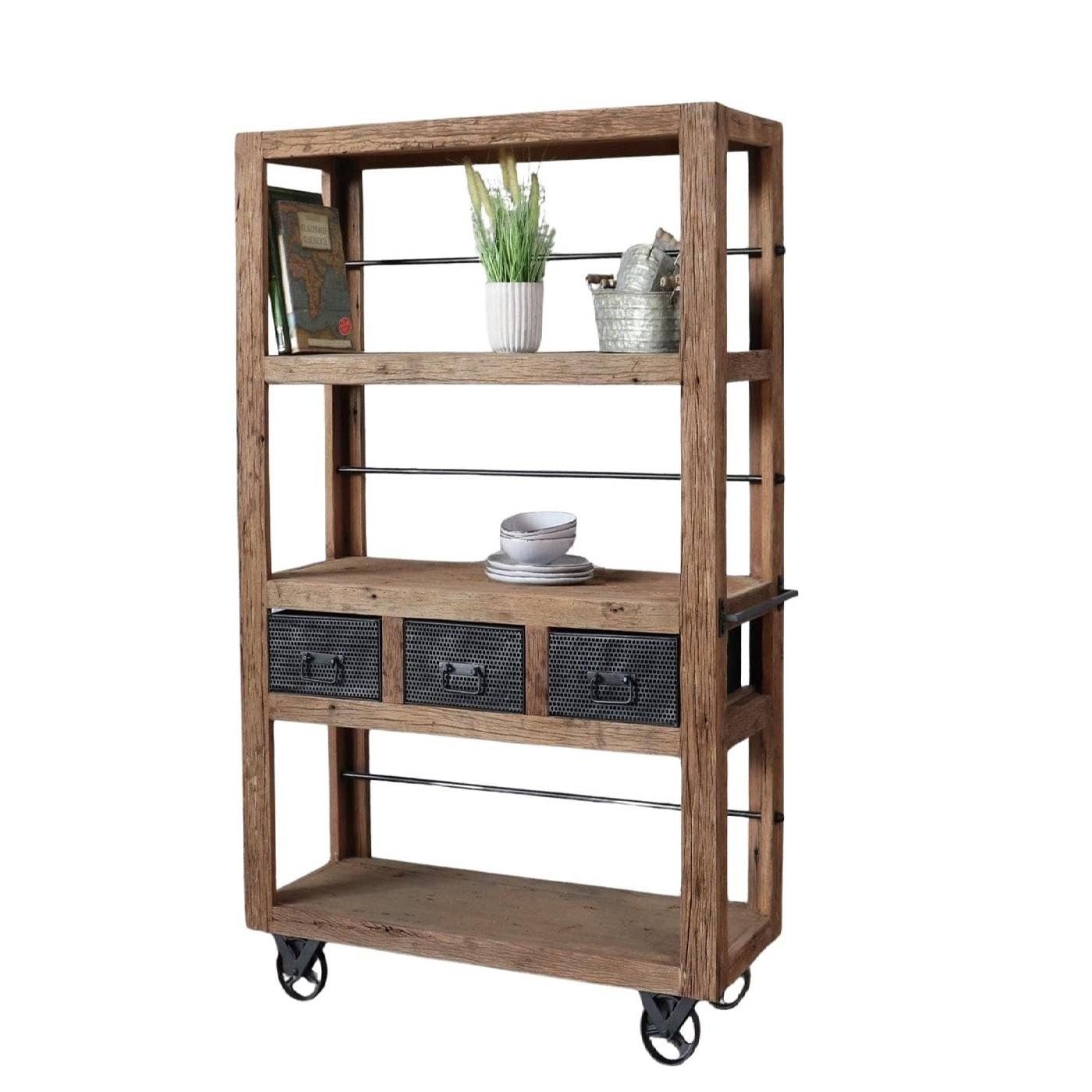 baario Mehrzweckregal Regal MARE Altholz massiv, rustikal Bücherregal Rollen Industrial Style