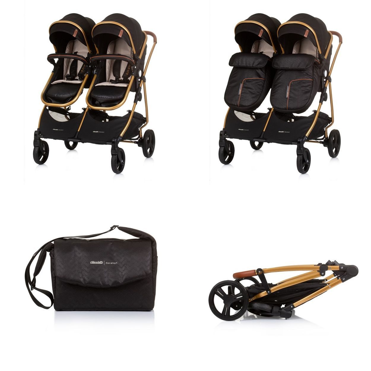 Chipolino Geschwisterwagen Duo Smart, klappbar, umbaubar, verstellbar, Fußsack, EVA-Reifen, Sicherheitsgurt