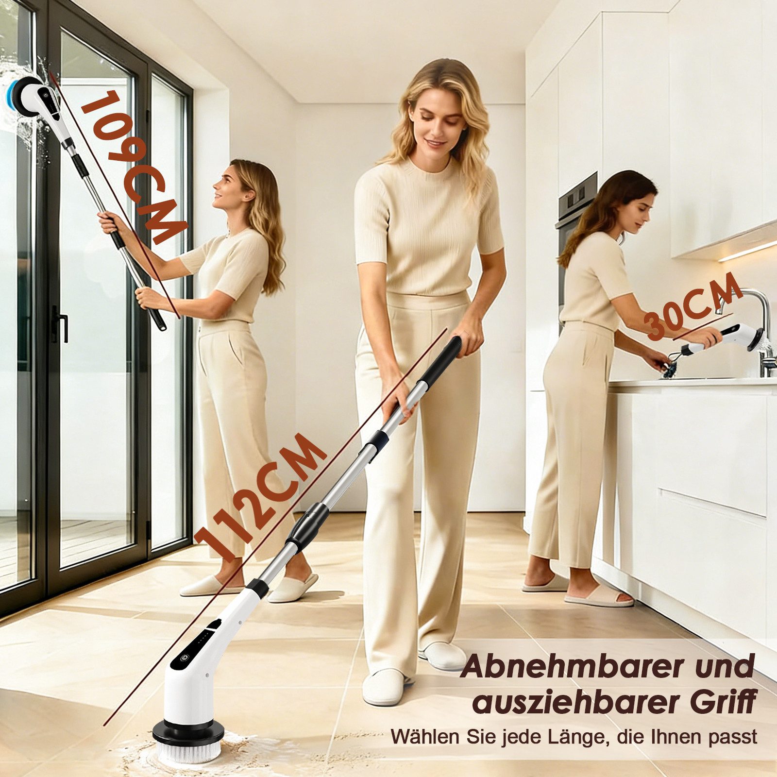 FANNOU Elektro-Oberflächenbürste 9 in 1 Electric Cleaning Brush mit austauschbaren Bohrbürstenköpfen, Putzbürste mit Verstellbarem Griff für Bad Küche Auto Fußboden