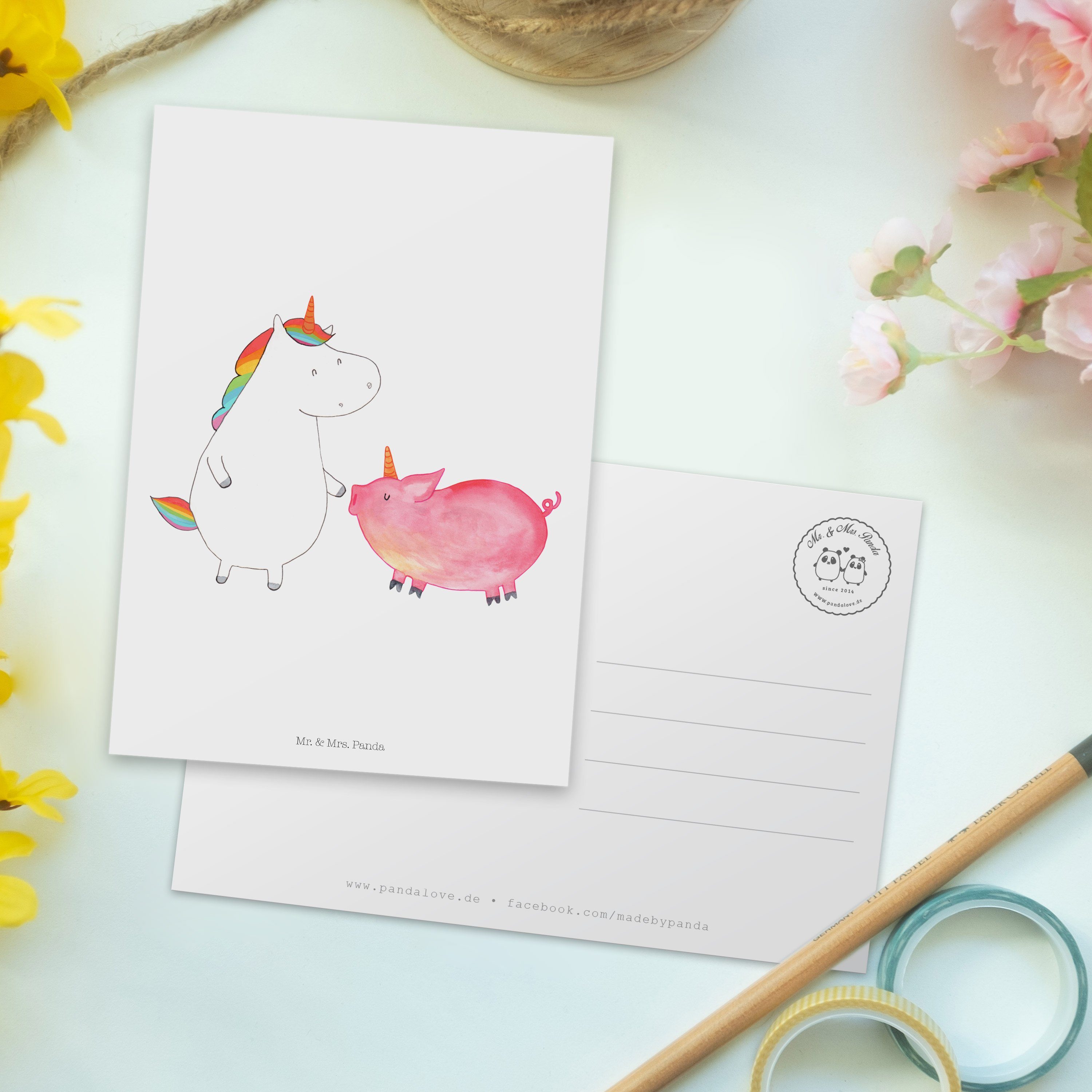 Mr. & Geschenk, Einhorn Grußkarte, Panda Schweinhorn - Mrs. Unicorn, + - Postkarte Geburtst Weiß