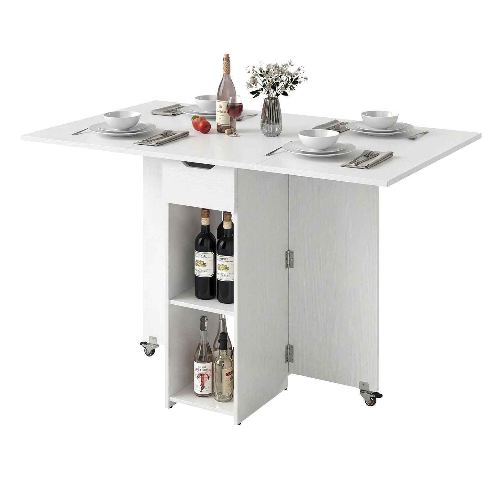 COSTWAY Esstisch, Klapptisch mit 2 Rädern, 2-stufiger Ablagefläche & Schublade