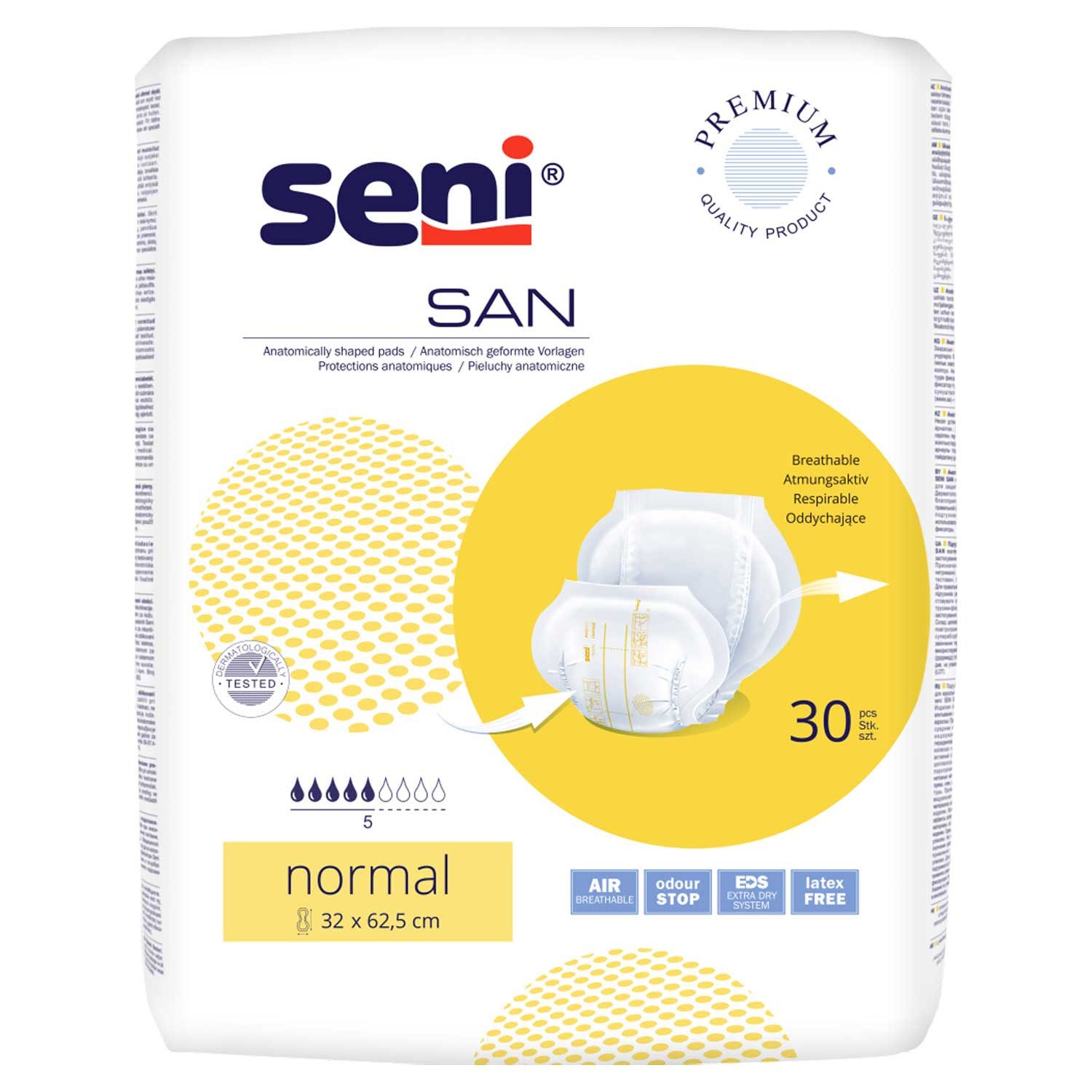 TZMO Deutschland GmbH Inkontinenzboxer Seni San Normal Level 2 Inkontinenzvorlagen 4 x 30 Stück (Multipack, 120-St., 4 Packungen à 30 Stück, Gesamtmenge: 120 Stück) Atmungsaktiv, latexfrei, anatomisch geformt, seitlicher Auslaufschutz