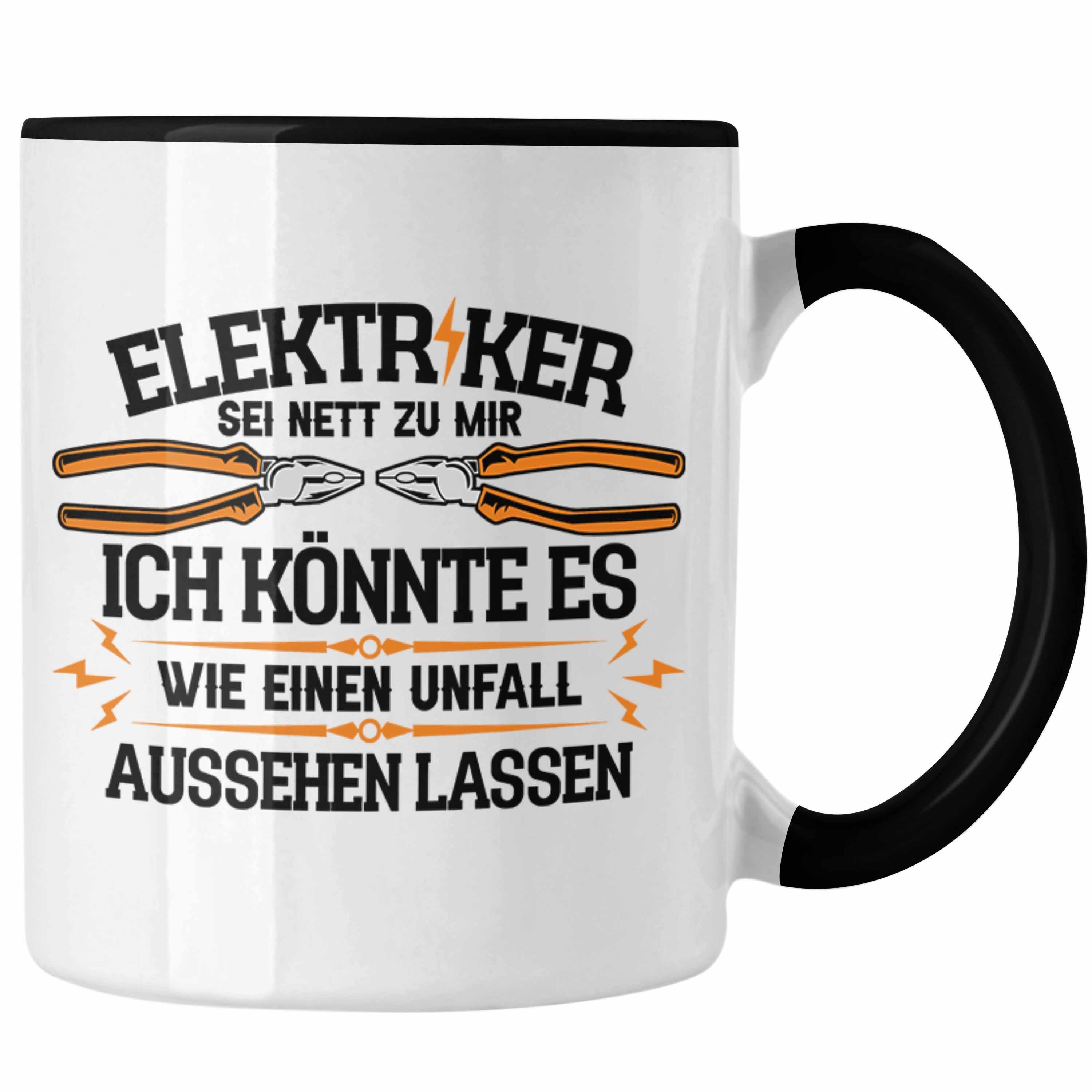 Trendation Tasse Trendation - Elektriker Sei Nett Zu Mir Tasse Geschenk Lustiger Spruch Schwarz