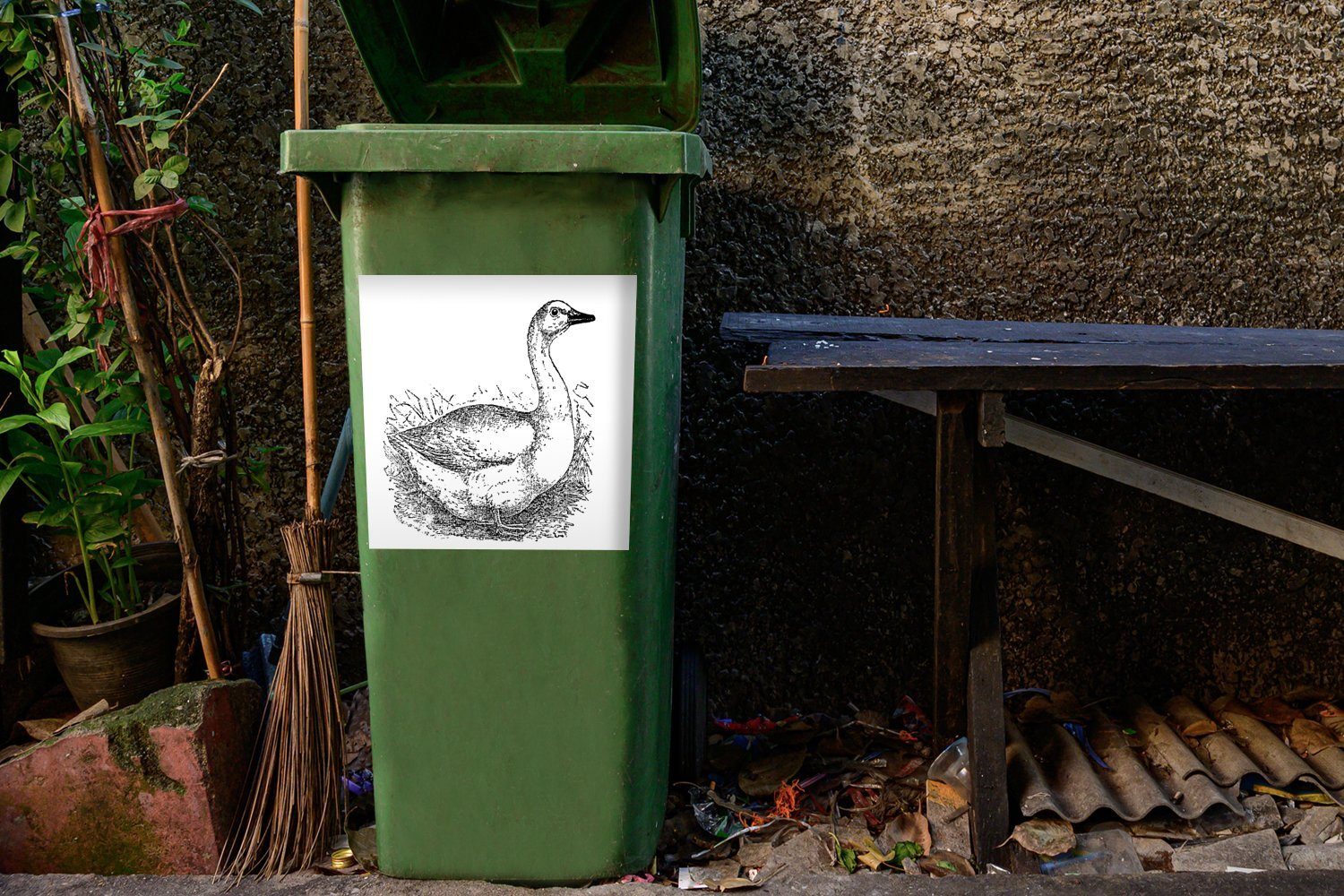 MuchoWow Wandsticker Ente Abfalbehälter Container, Mülltonne, Sticker, Mülleimer-aufkleber, - St), (1 Schwarz Weiß 