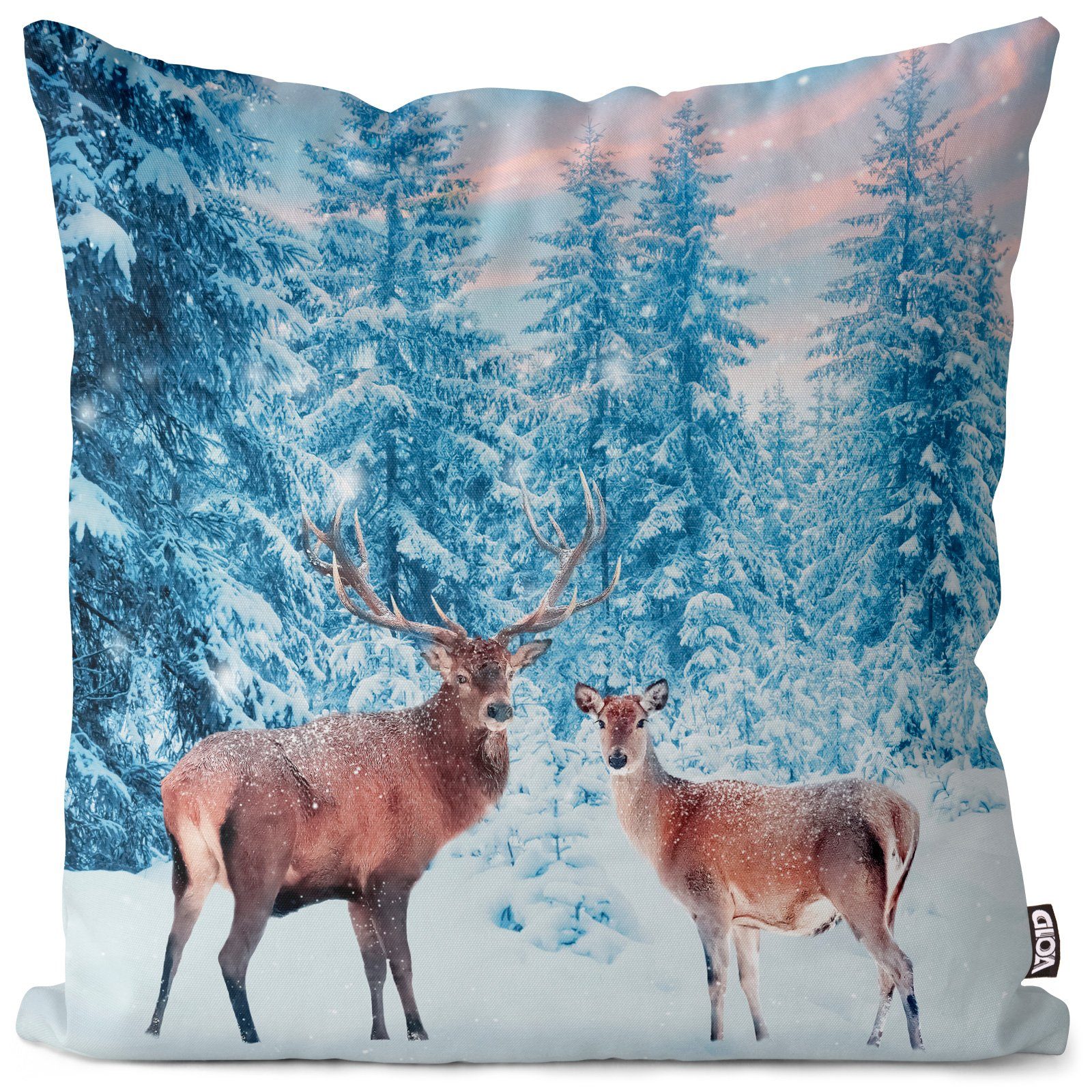 Geschenke (1 Wald VOID Wildtiere Schnee Winter Natur Sofa-Kissen Tiere Stück), Hirsch Kissenbezug, Winterurlaub Österreich Bäume Reh Weihnachten Landschaft