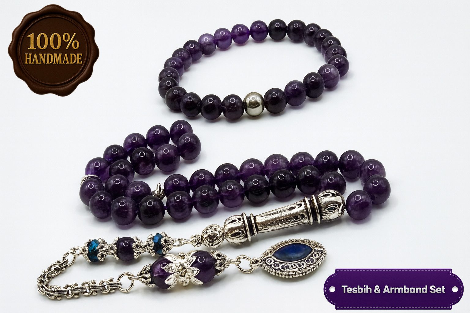M-Punkt24 Kettenanhänger Set Tesbih Tespih Armband (Amethyst Armband & Tesbih, Set Angebot, Gebetskette, Rosary), Schmuck für Männer Misbah Subha