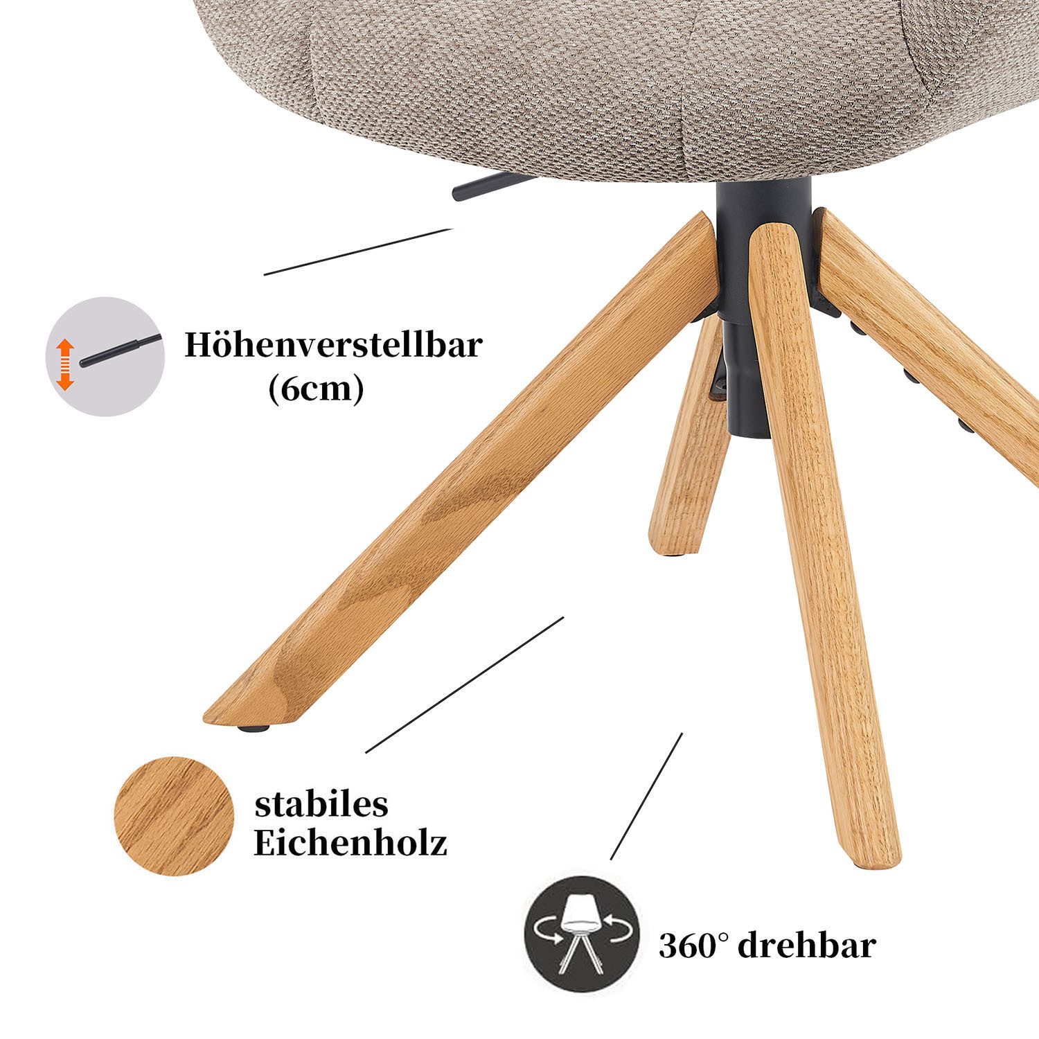 DUBI Möbel Polsterstuhl Mika-Nea, Eiche geölt, 360° drehbar & höhenverstellbar im 2er-Set