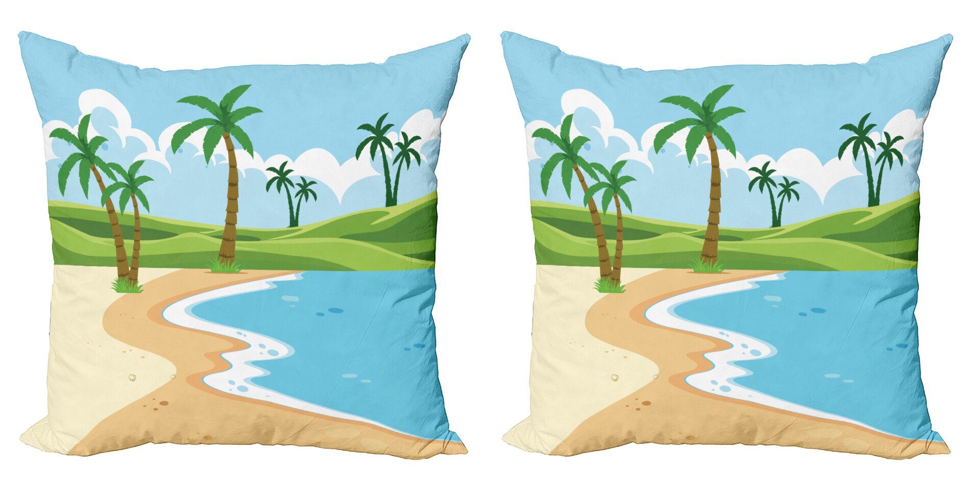 Kissenbezüge Modern Accent Doppelseitiger Digitaldruck, Abakuhaus (2 Stück), Grafik-Strand Küste mit Gras Palm