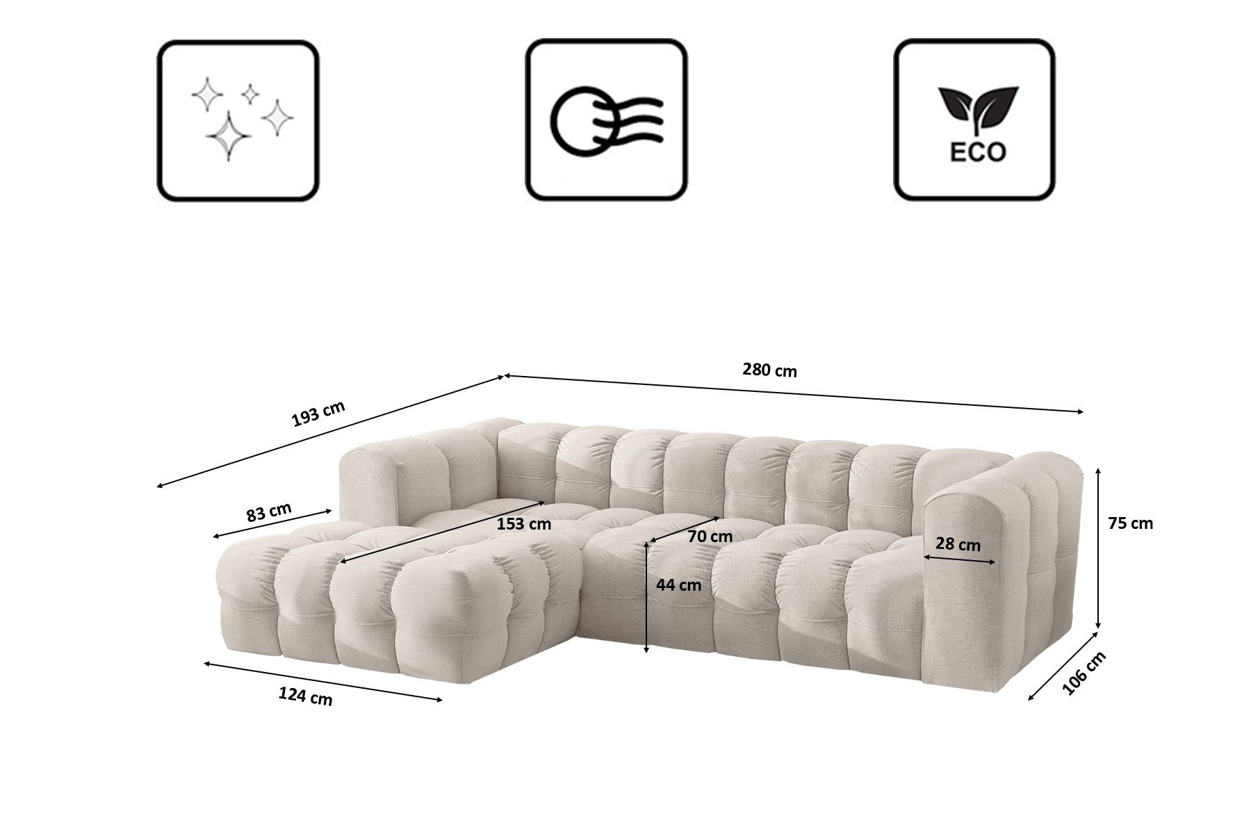 Kaiser Möbel Ecksofa BALOO L modernes freistehendes, für das Wohnzimmer, stoff Moly, Einzelsofa, freistehend platzierbar,hoher Sitzkomfort,massive Form
