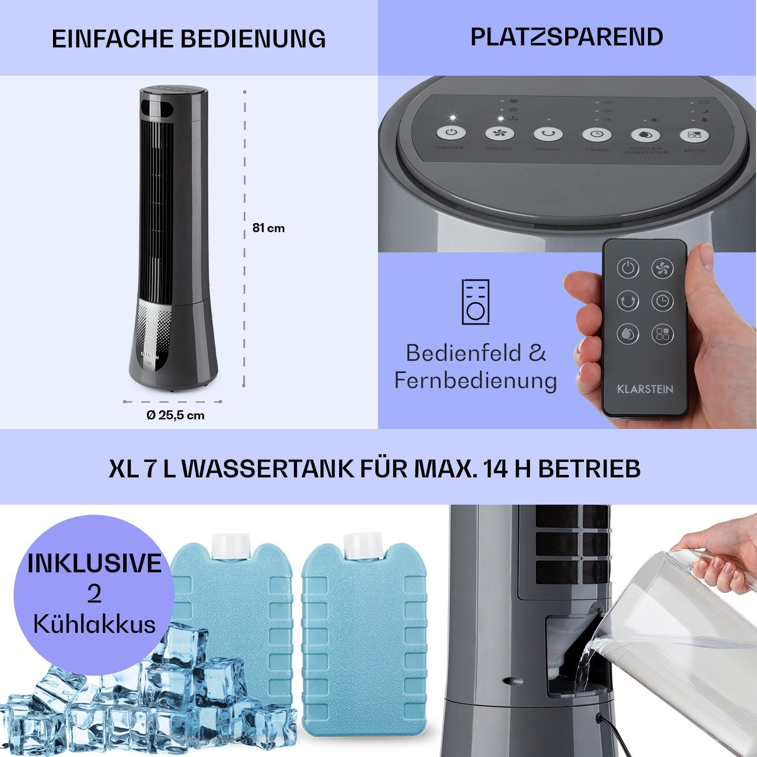 Klarstein Ventilatorkombigerät Skyscraper Frost Eis Abluftschlauch ohne mit Wasserkühlung Klimagerät & Luftkühler, mobil