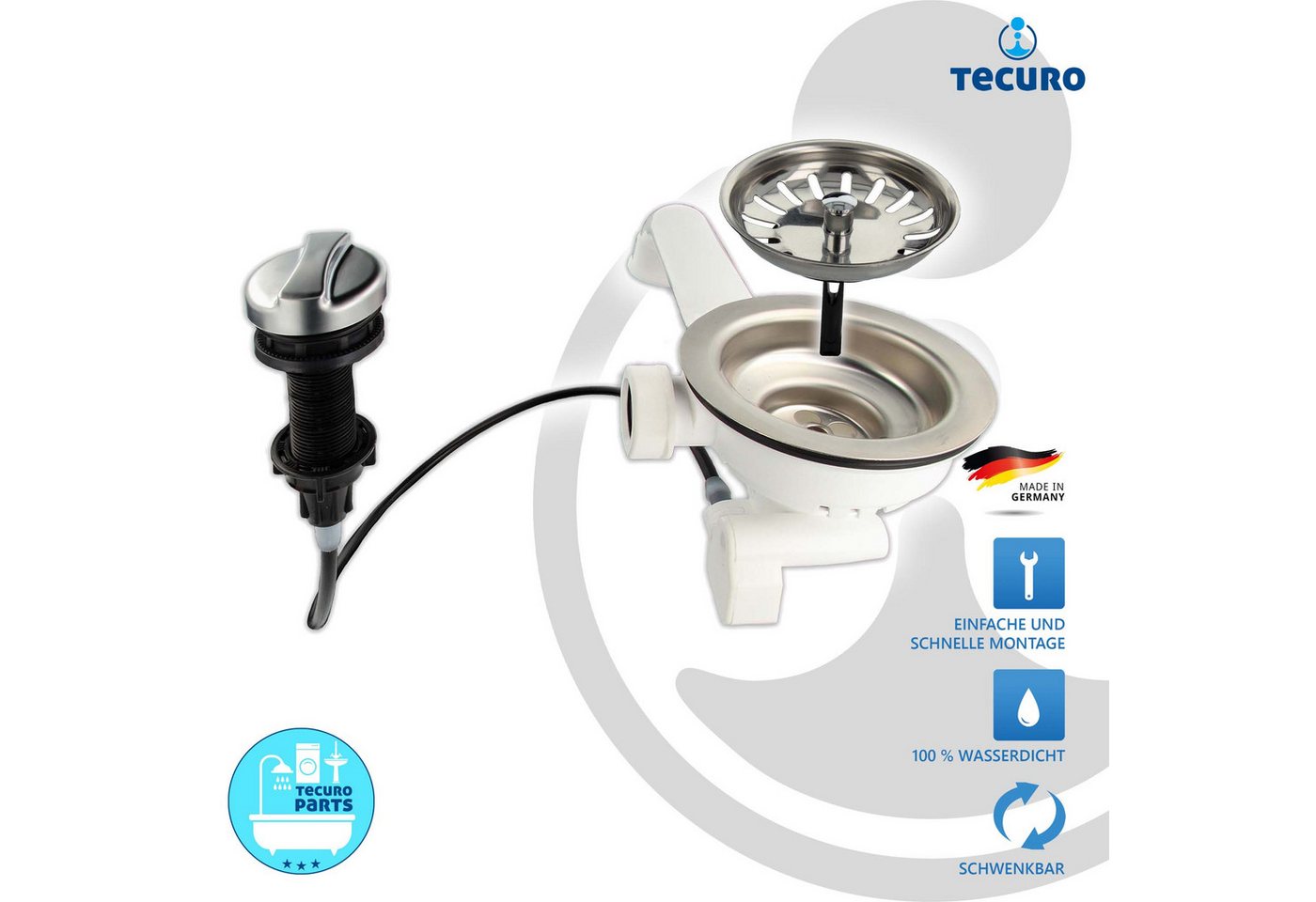 Thumbnail - tecuro Siphon 3 1/2 Zoll Spülen-Siebkorbventil mit Seil-Drehbetätigung