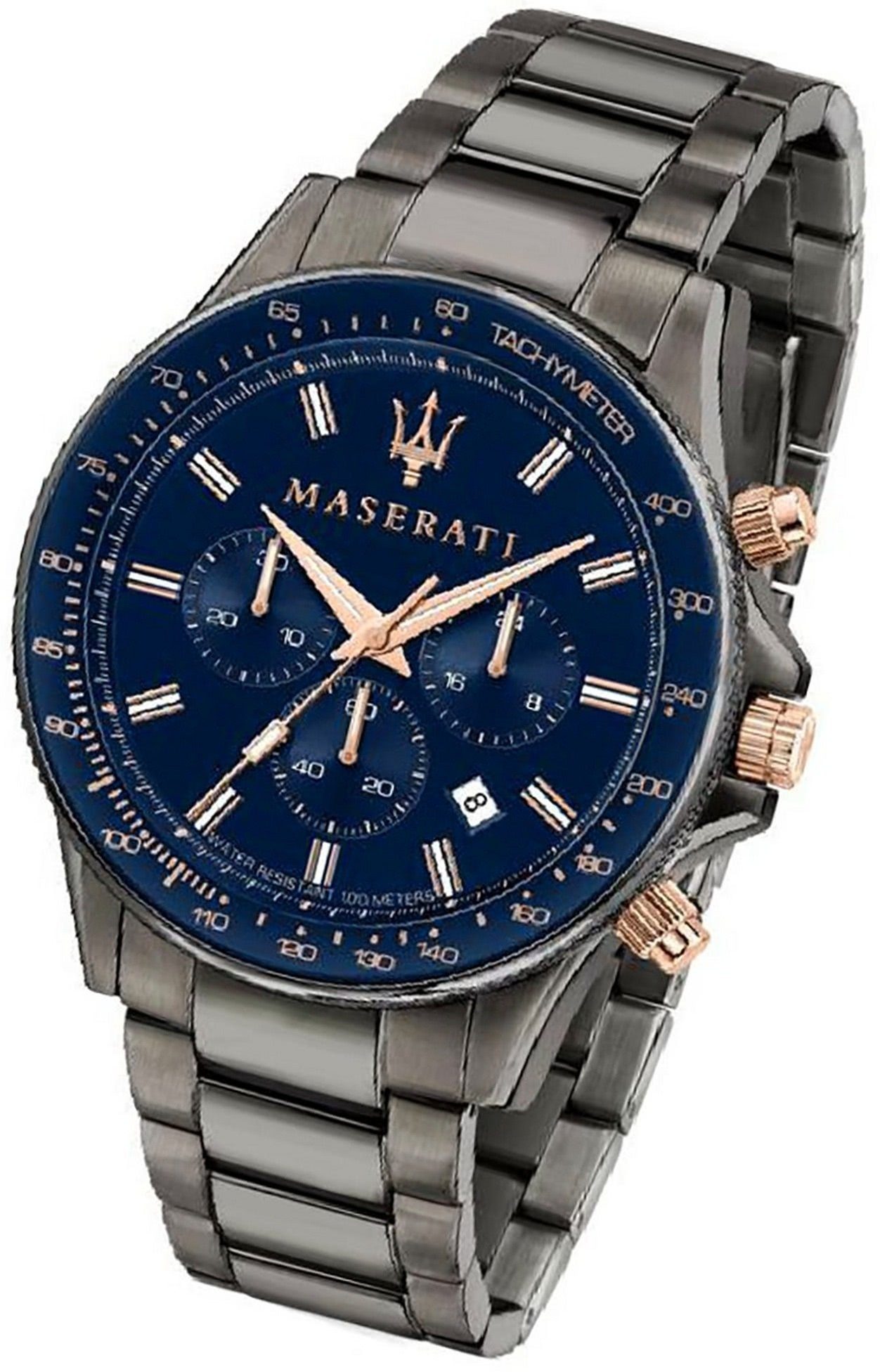 MASERATI Chronograph Maserati Edelstahl Armband-Uhr, (Chronograph), Herrenuhr Edelstahlarmband, rundes Gehäuse, groß (ca. 44mm) blau