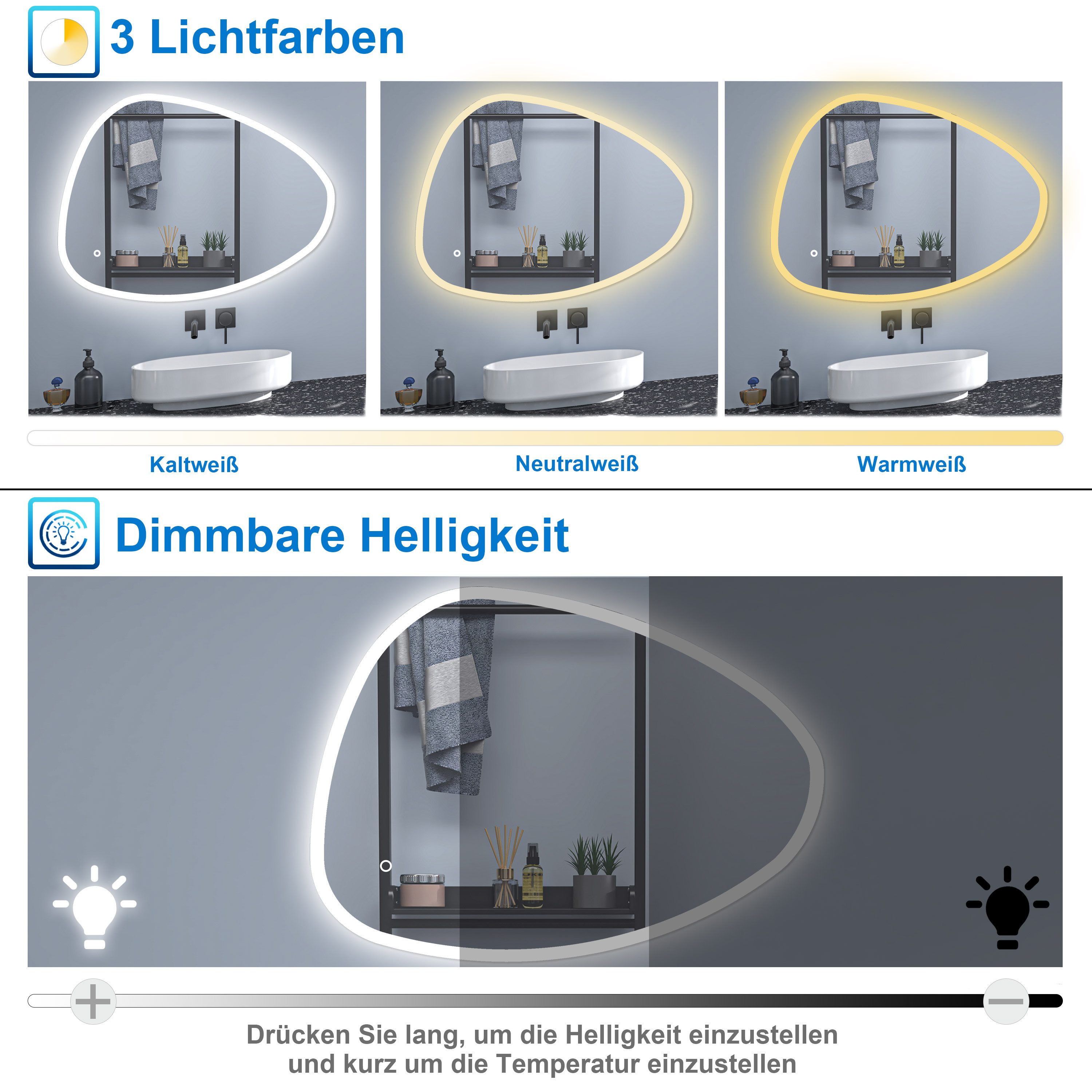 Aica Sanitär Badspiegel Asymmetrischer Badspiegel Badezimmerspiegel mit Antibeschlag Dimmbar – Bild 2 von 5