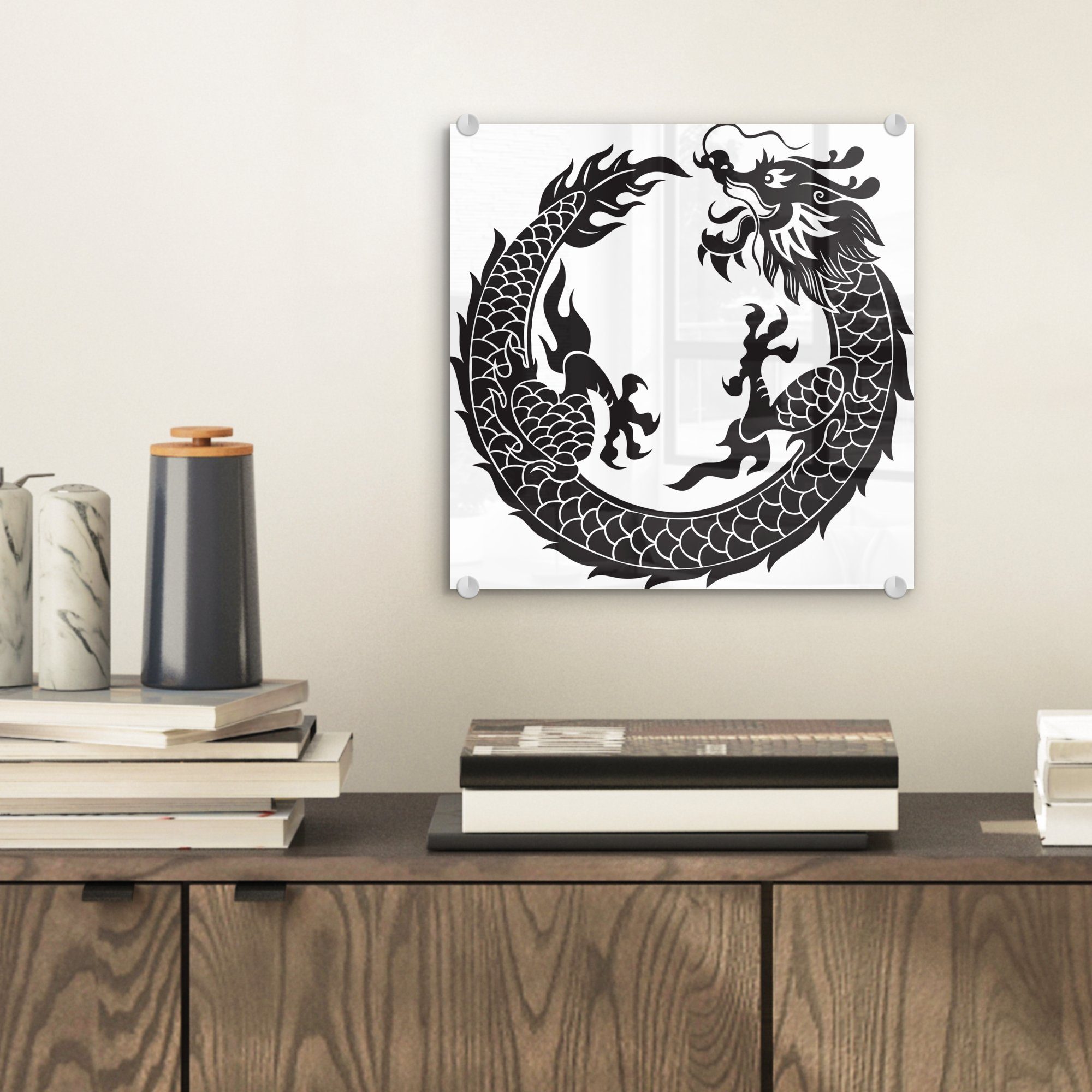 MuchoWow Acrylglasbild Schwarz-weiß St), auf Drachens, Glas - chinesischen Wanddekoration Wandbild (1 - eines auf Glas Bilder Illustration - Foto Glasbilder
