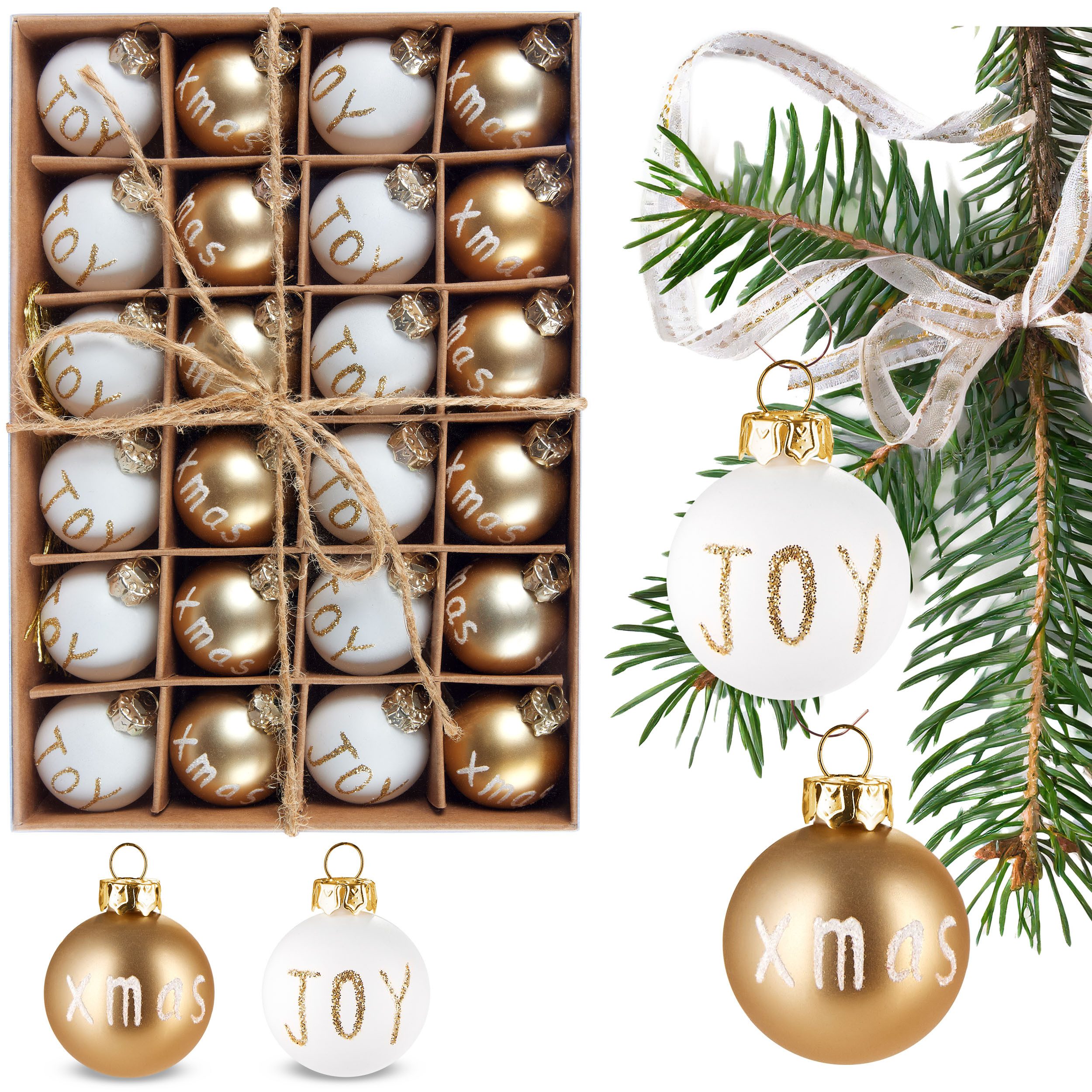BRUBAKER Weihnachtsbaumkugel 24-teiliges Set Weihnachtskugeln Joy & Xmas - 3 cm Mini Baumkugeln (24 St), für Weihnachtsbaum - Handbemalter Christbaumschmuck Kugeln
