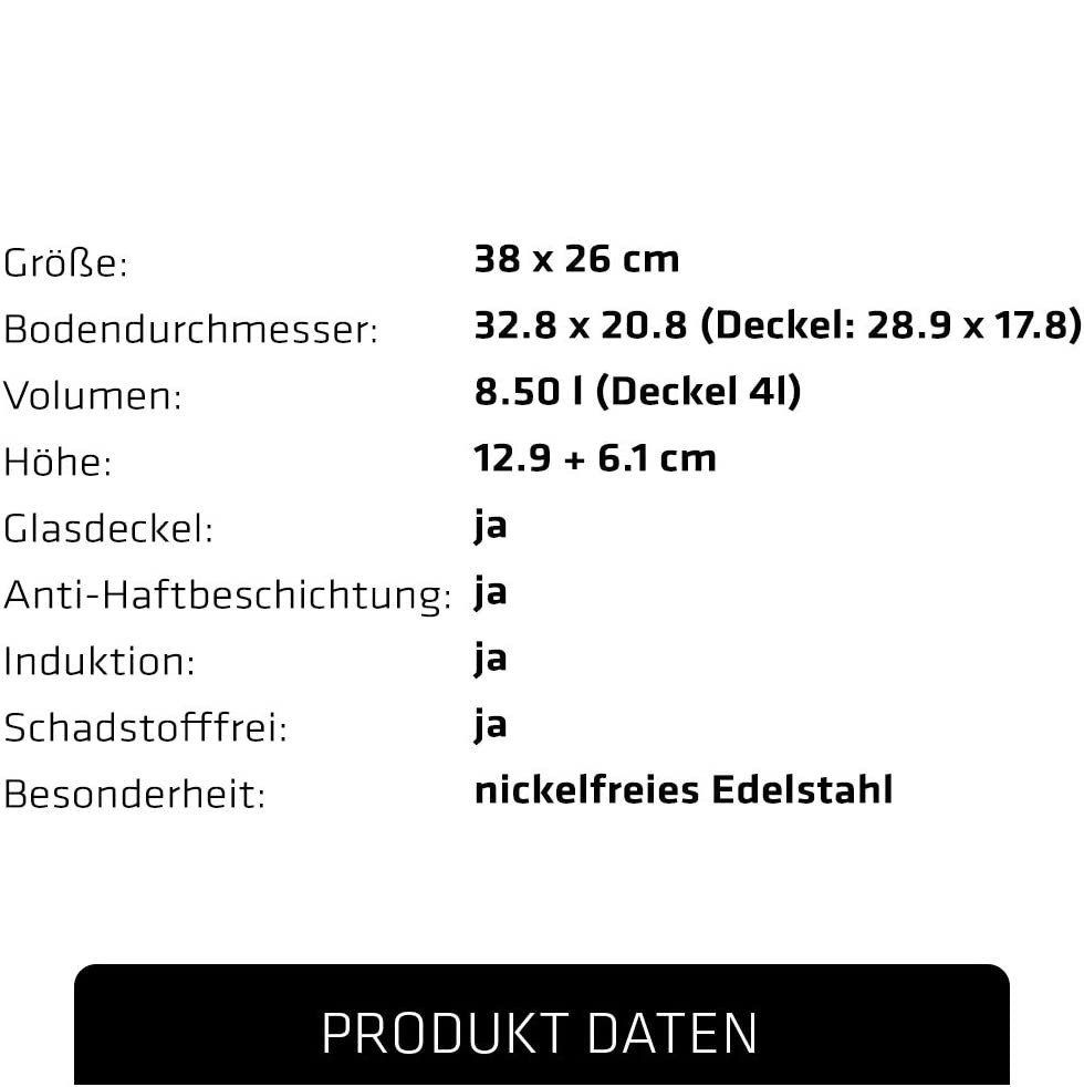 Bräter 8.5l Schmortopf Deckel, mit Edelstahl, Ovaler beschichtet, backofengeeignet, Berndes Induktion, antihaft