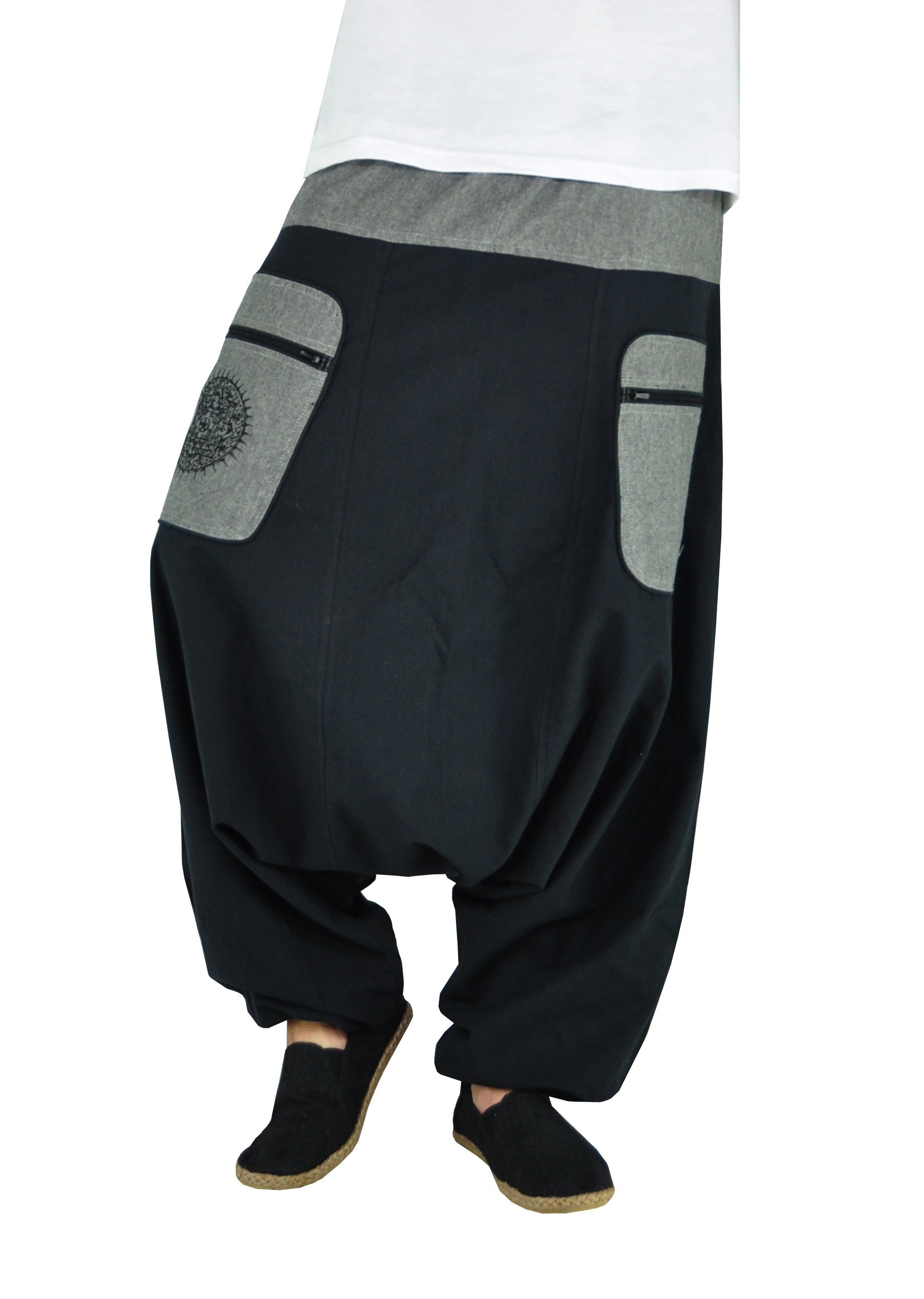 virblatt Haremshose Damen & Haremshose Herren, Baumwolle, Goa Hose Aladinhose Hippie 2 Eingriffstaschen mit Reißverschluss