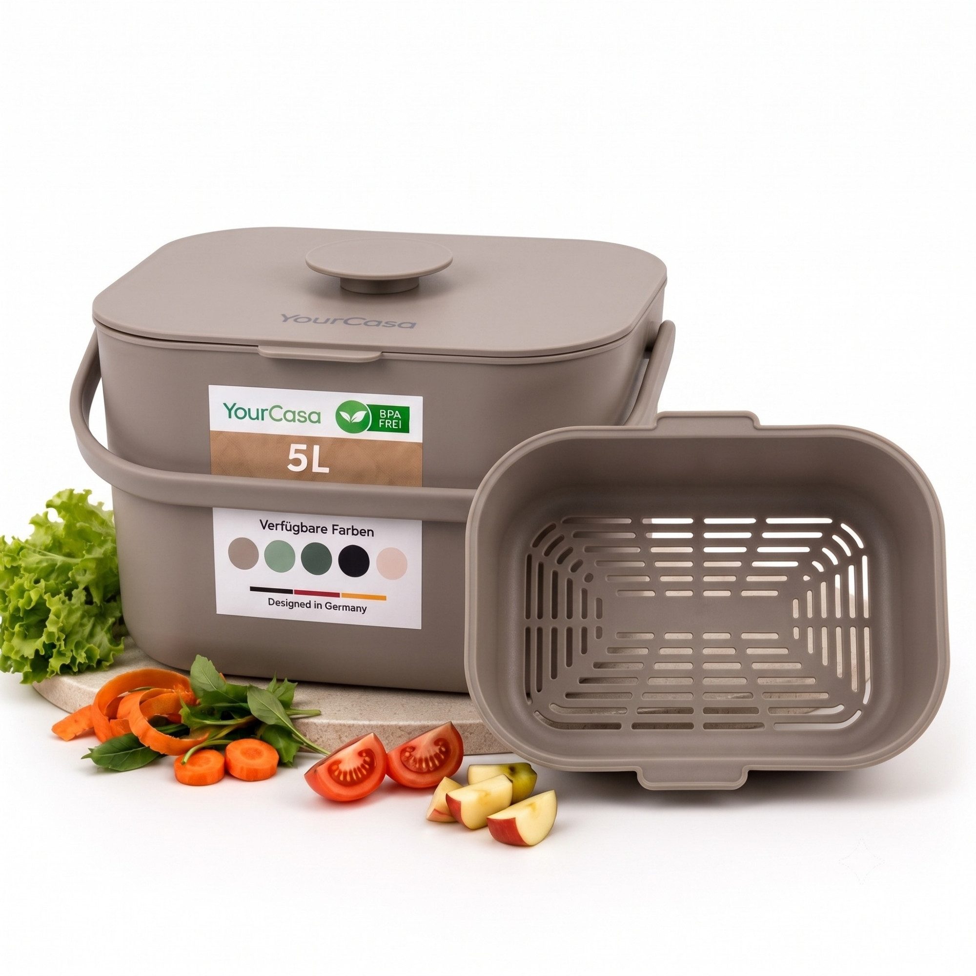 YourCasa Biomülleimer Küche 5L - Komposteimer Küche mit Sieb Spülmaschinenfest, Fassungsvermögen 5L, Spülmaschinenfest