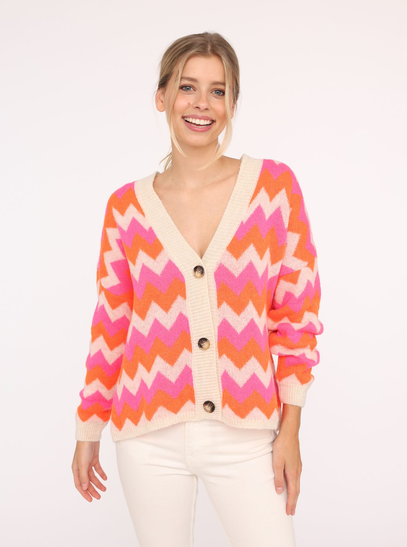 Zwillingsherz Strickjacke Langarm, Zick-Zack-Muster, Knopfleiste, tiefer V- günstig online kaufen