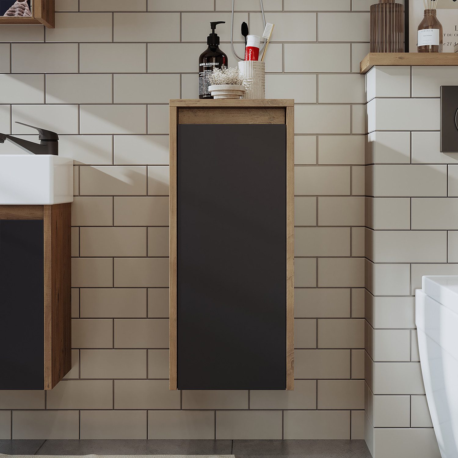 Roomart Badmöbel-Set LEO Gäste-WC Set 46,5 cm, nur 24,5 cm tief, Soft-Close, 4 Farben, (Komplett-Set, • Unterschrank mit Waschbecken • Badezimmer Möbel • Gäste WC), Soft-Close, nur 24,5 cm tief, Wandmontage, Keramikbecken, modular