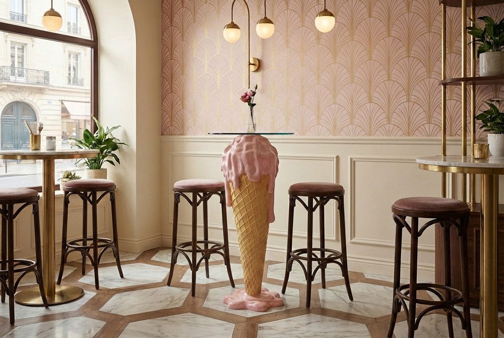 riess-ambiente Bistrotisch ICE CREAM 105cm beige/rosa- Glas, Eiswaffel, handgemacht, rund, modern (Einzelartikel, 1-St), Pop-Art Bartisch - ideal für Küche, Essbereich od. kleine Sitznischen