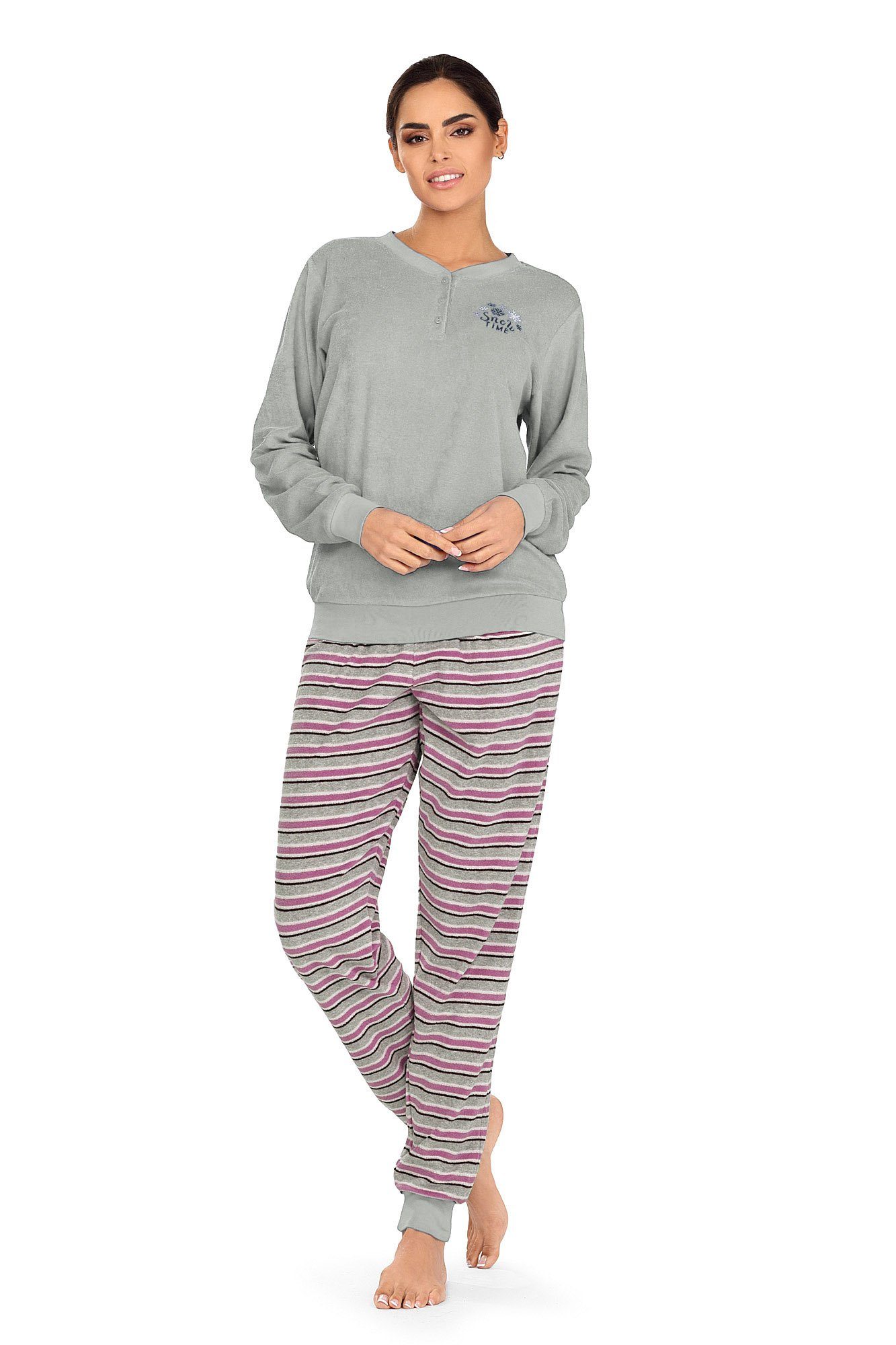 Frottee Knopfleiste tlg., Pyjama 2-teilig) Schlafanzug 2 grau 2-teilig Schlafanzug (Set, Damen Baumwolle comtessa