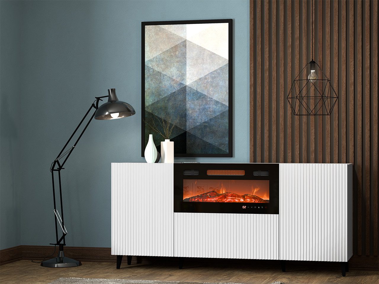 MIRJAN24 Kommode Pafos 180 mit Elektrischem Kamin (mit zwei Drehtüren), Realistische LED-Flamme