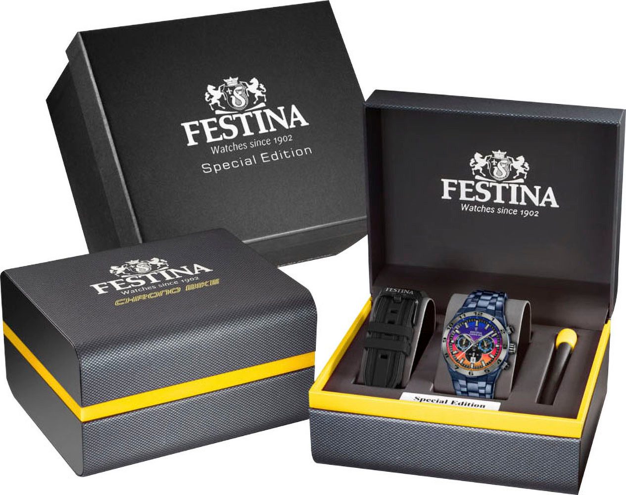 Festina Chronograph Chrono Bike 2024 - Special Edition F20709/1, (Set, 3-tlg., mit Wechselband und Werkzeug), Quarzuhr, Armbanduhr, Herrenuhr, Edelstahlarmband
