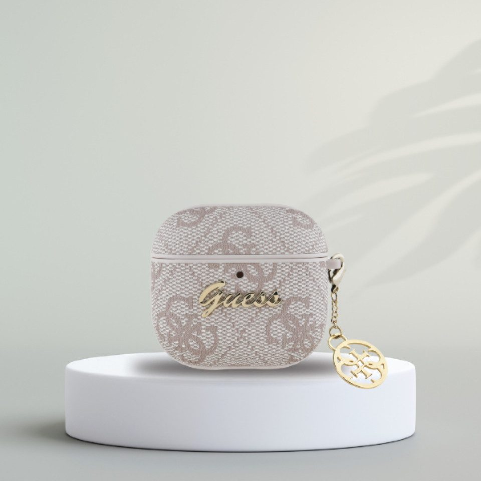 Guess Kopfhörer-Schutzhülle Hülle Case AirPods 4 Kunstleder rosa Logo Metal Kette goldfarbig, Kantenschutz