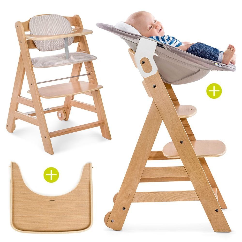 Hauck Hochstuhl Beta Plus Natur - Newborn Set (Set, 5 St), Holz Babystuhl ab Geburt, Aufsatz für Neugeborene, Sitzauflage, Tisch | Mitwachsende Hochstühle