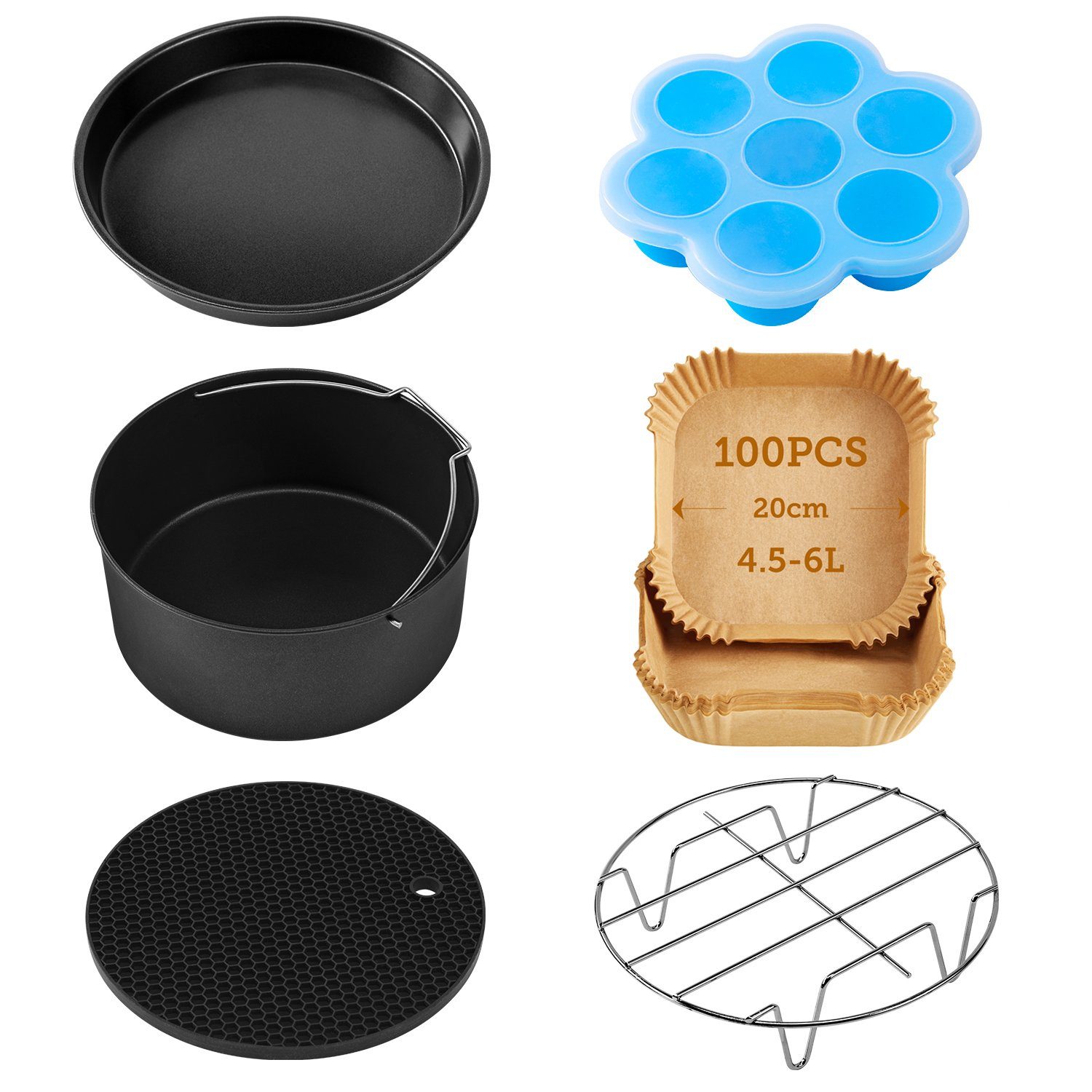Cosori Heißluftfritteuse, 0,00 W, Backform, Pizzaform, Dämpfen Rack, Silikonmatte, Muffinform, Papier