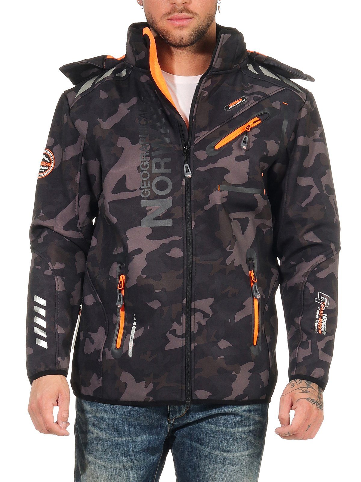 Geographical Norway Softshelljacke Geographical Norway Herren Softshelljacke G-River by leyoley mit abnehmbarer Kapuze, Windbreaker, Übergangsjacke, Wander Sport Jacke Camo - Schwarz / Orange