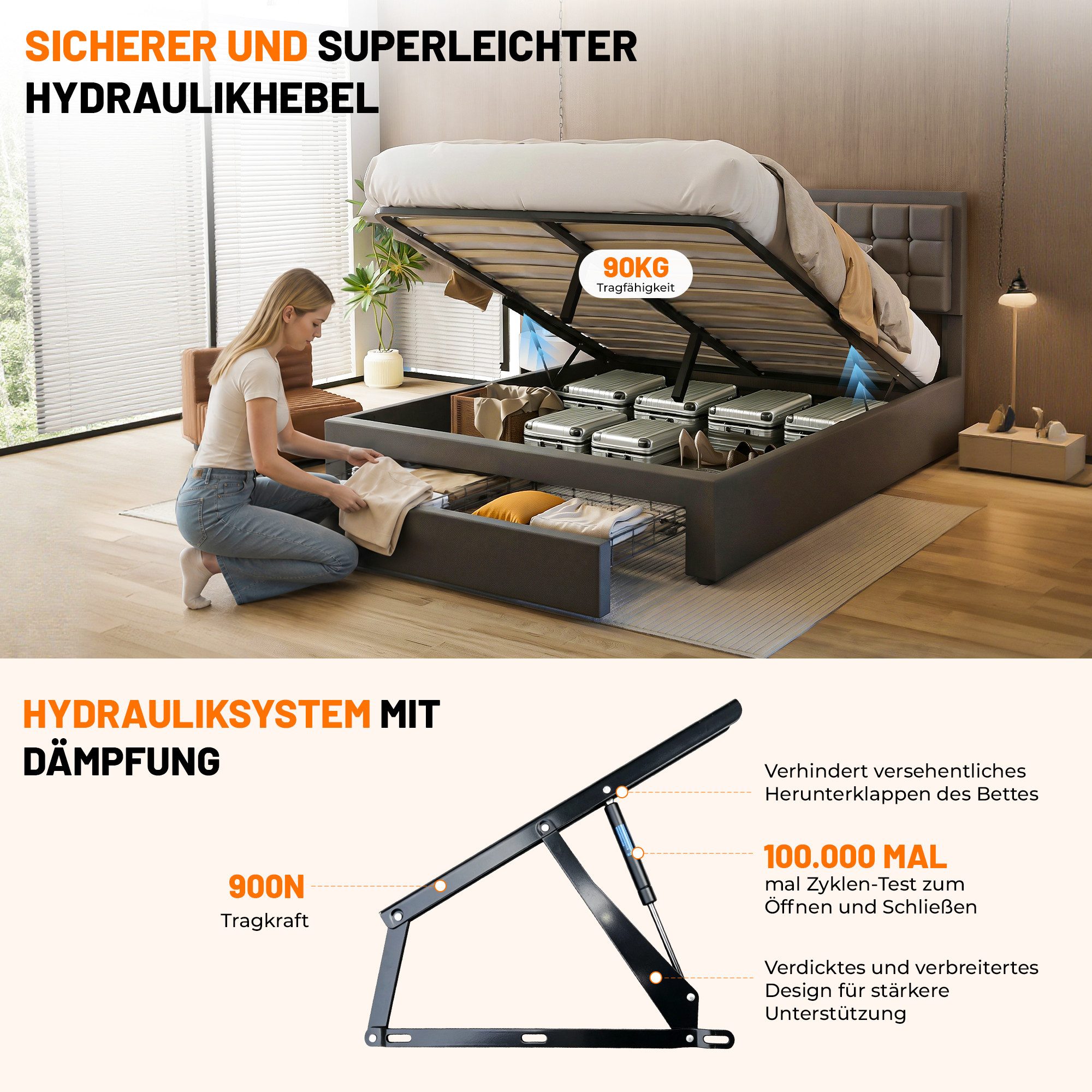oyajia Polsterbett Doppelbett Polsterbett 140x200cm, Luftdruck anhebbarer Stauraumbett (Leinenmaterial Polsterbett mit Lattenrost und verstellbares gepolstertes Kopfteil), Modernes Jugendbett, Leises Design, Einfach zu montieren und stabil