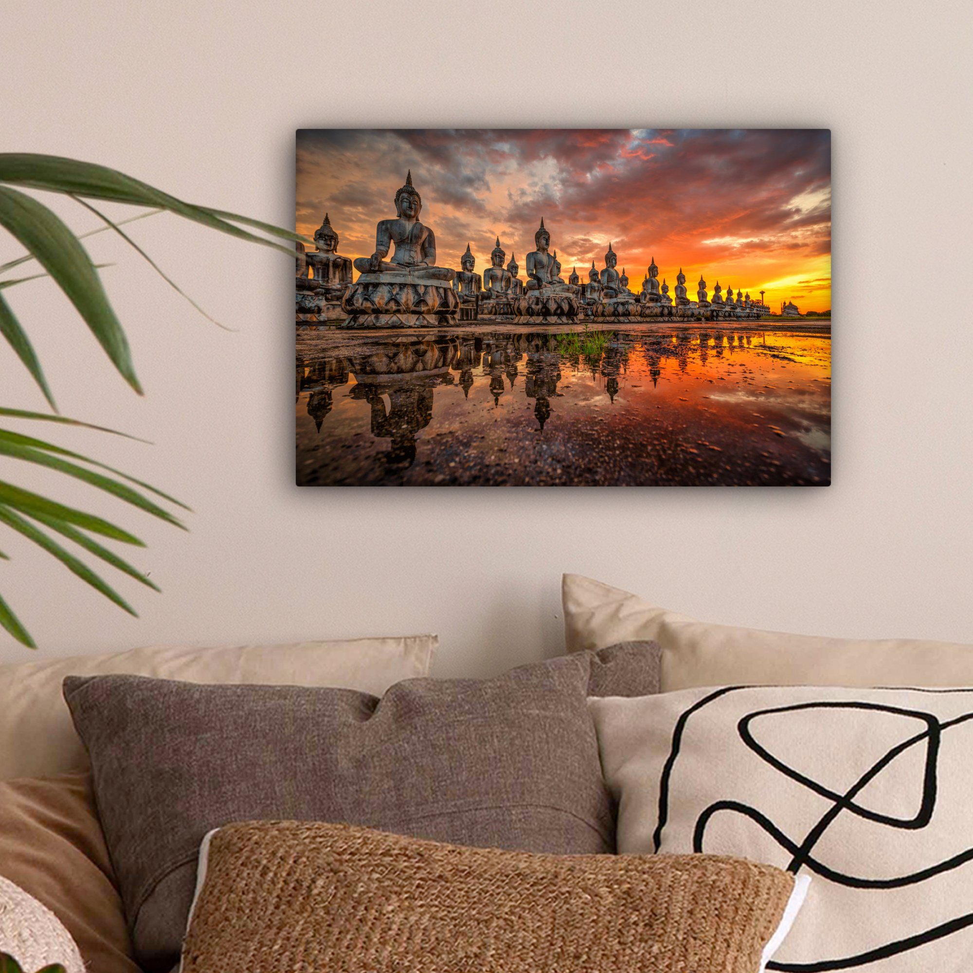 OneMillionCanvasses® Leinwandbild Buddha-Statuen - Sonnenuntergang - Wasser günstig online kaufen