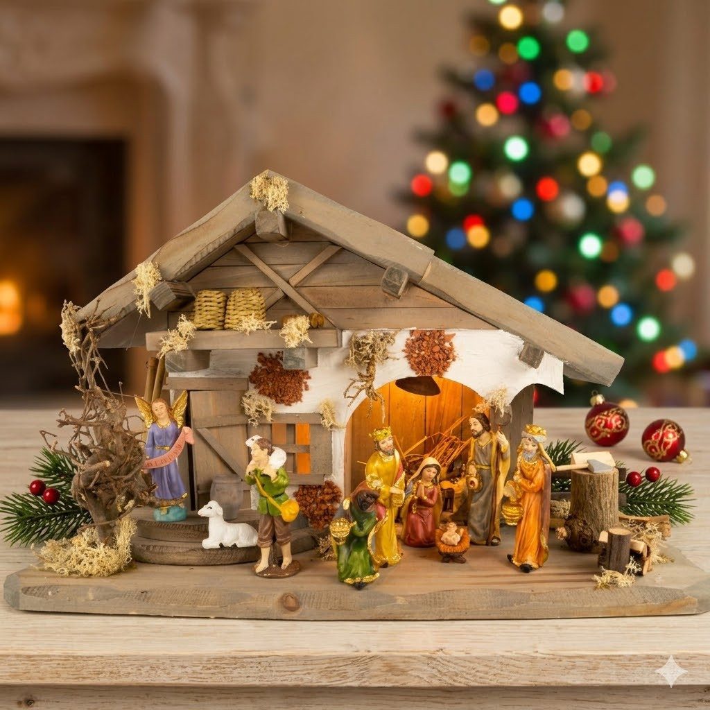 Krippenursel Krippe Weihnachtskrippe Moorsbrunn inkl. 12-tlg. Figurensatz F 650-7 (12-tlg), Handbemalte Figuren,detailliert gestaltetes Krippenhaus