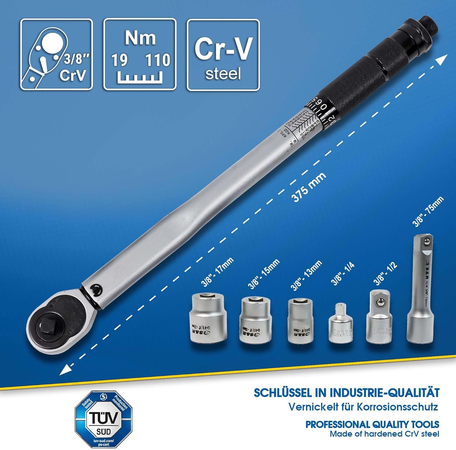 S&R Drehmomentschlüssel KFZ Bike Motorrad 3/8', Meßbereich 19-110 Nm, DIN 6789 kalibriert (Set, L=375 mm inkl. Verlängerung, Adapter und Stecknüsse), aus CrV-Stahl, bruchfest, in praktischer und robuster Kunststoffbox