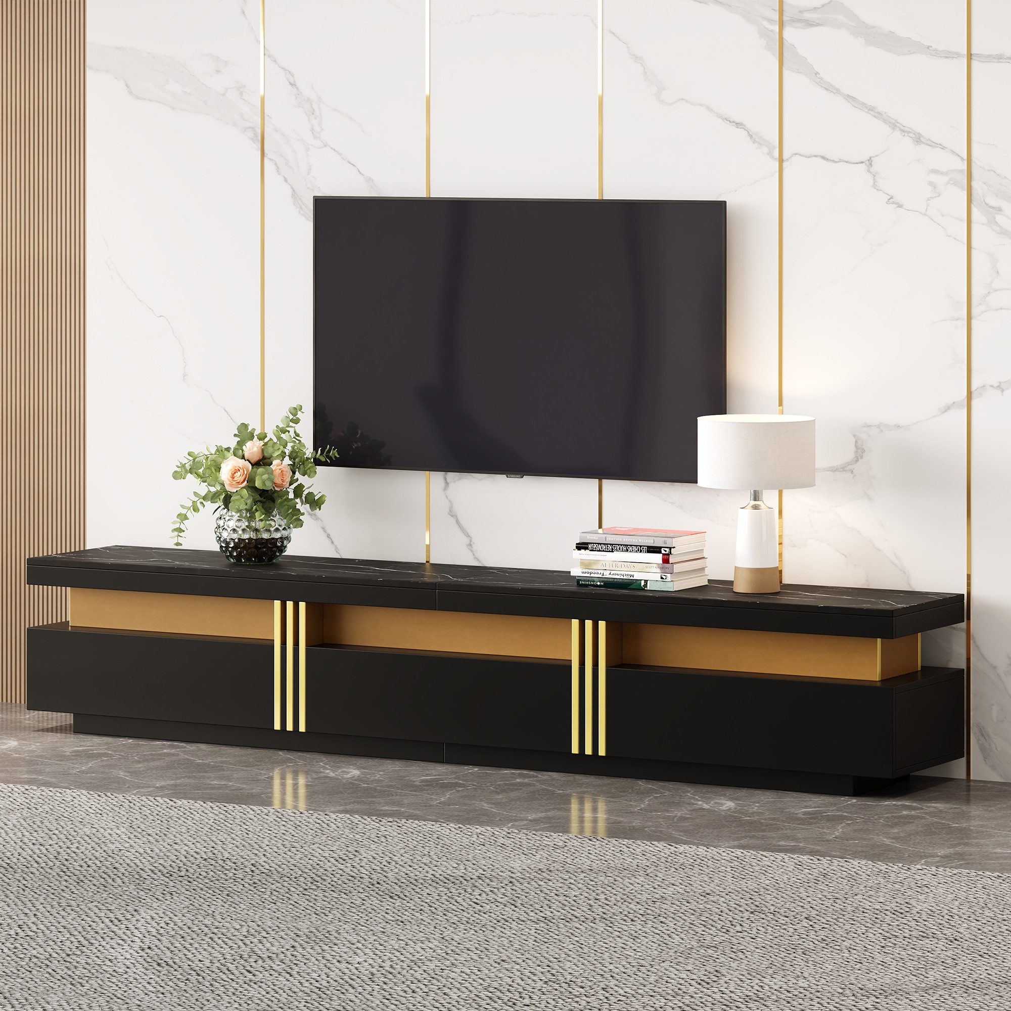 HAUSS SPOLE Lowboard Moderner Lowboard mit 3 Schubladen für Fernseher bis 90 Zoll, schwarz (TV-Board, TV-Kommode, Fernsehtisch, 1 St., 3 Schubladen und 1 Kabelmanagement), für Fernseher bis 90 Zoll