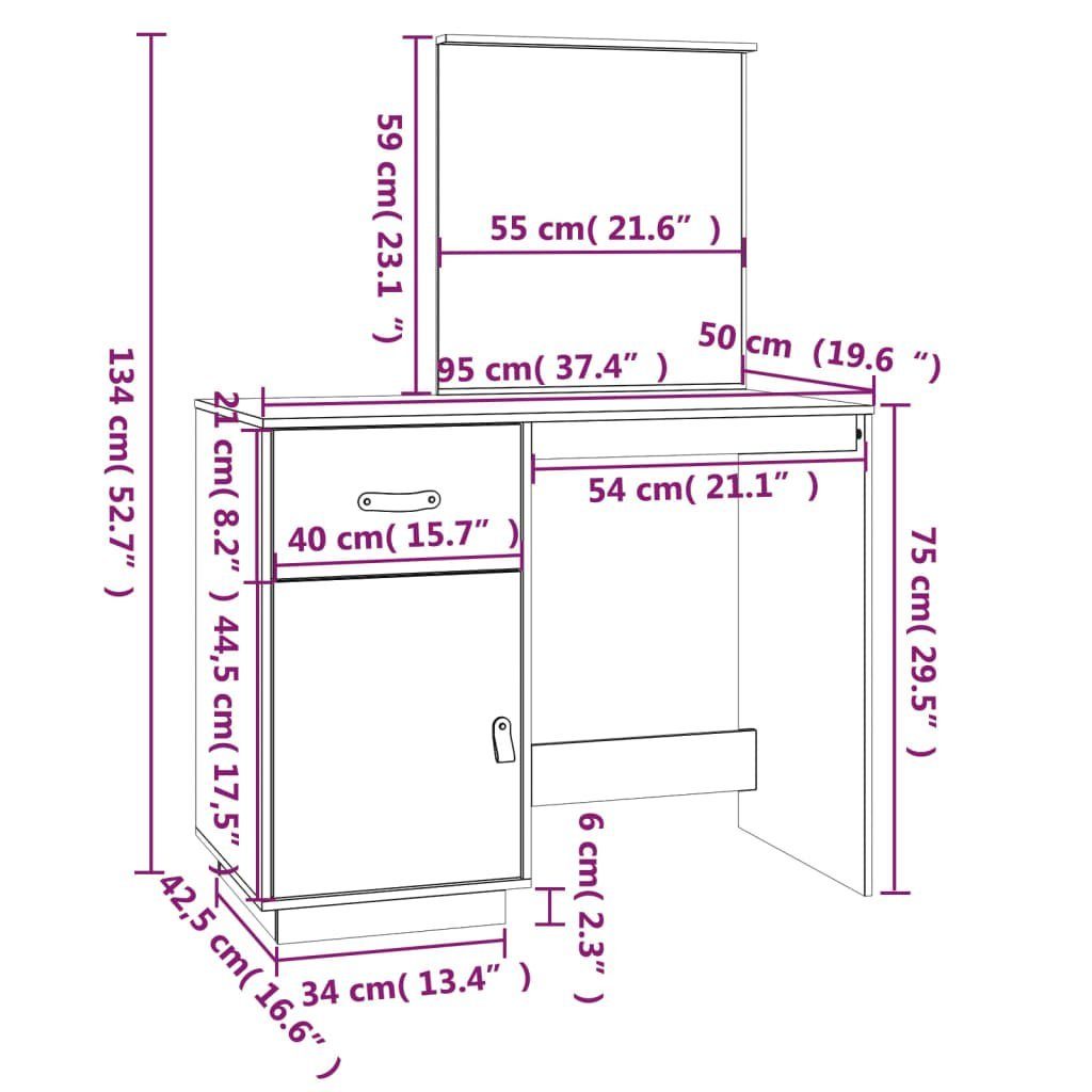 Massivholz cm furnicato Kiefer 95x50x134 Honigbraun Schminktisch