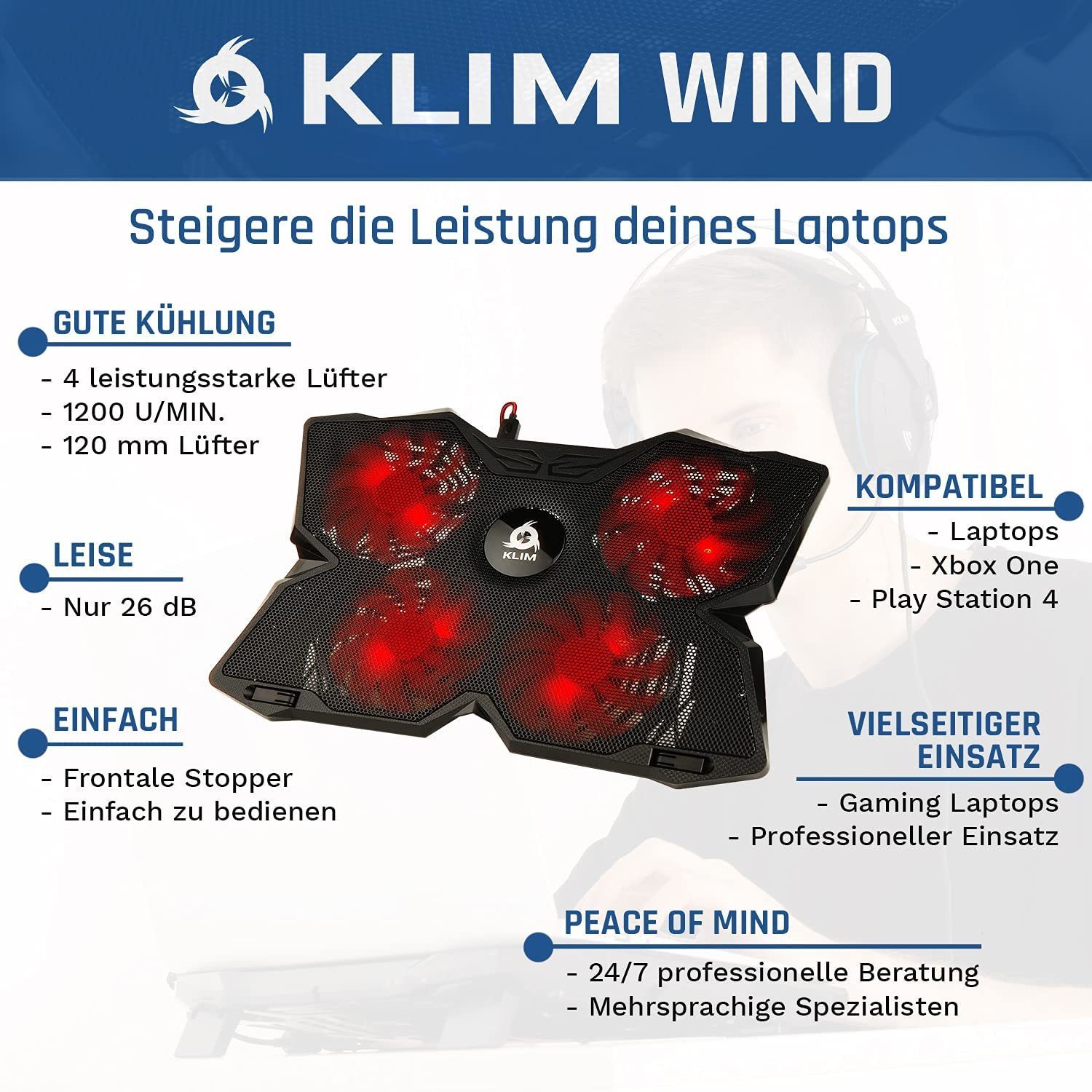 schnelle Kühlventilator der Notebook-Kühler Wind, Rot – KLIM leistungsstärkste Laptop-Kühlpad