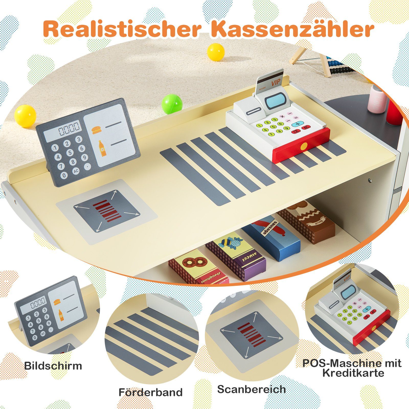 COSTWAY Kaufladen Holzspielzeug, Verkaufsstand mit Kreidetafel