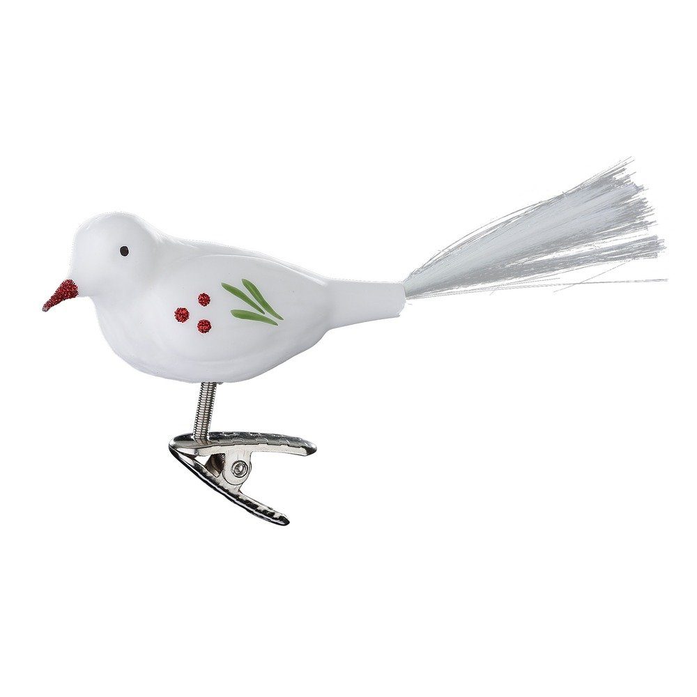 INGE-GLAS® Weihnachtsbaumklammer, Weiß 8,5cm Christbaumschmuck Glas mit Vogel Schweif auf Clip