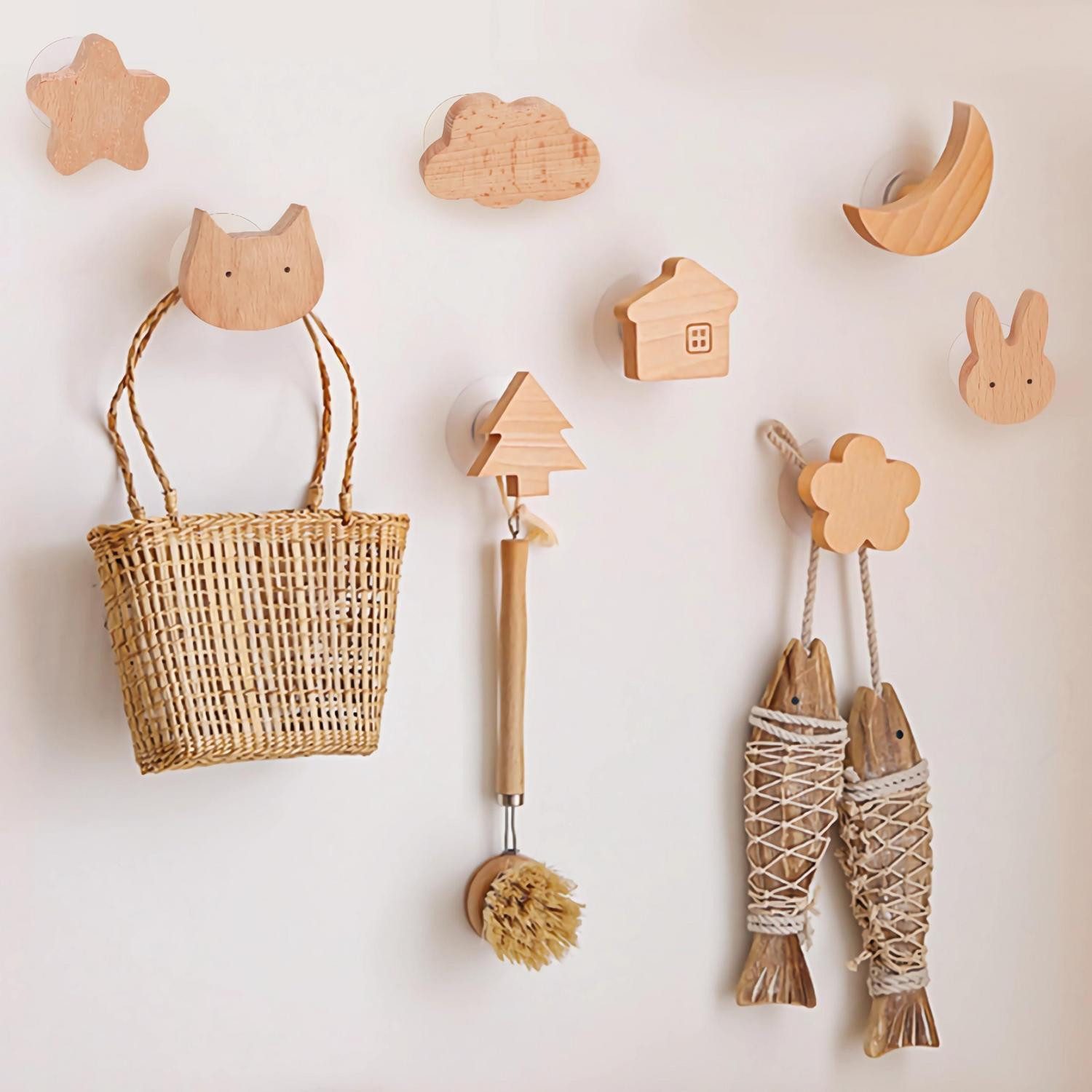 LuxusKollektion Kleiderhaken Kleiderhaken Kinder 8 Stück Holz Selbstklebend Cartoon, (8-St)