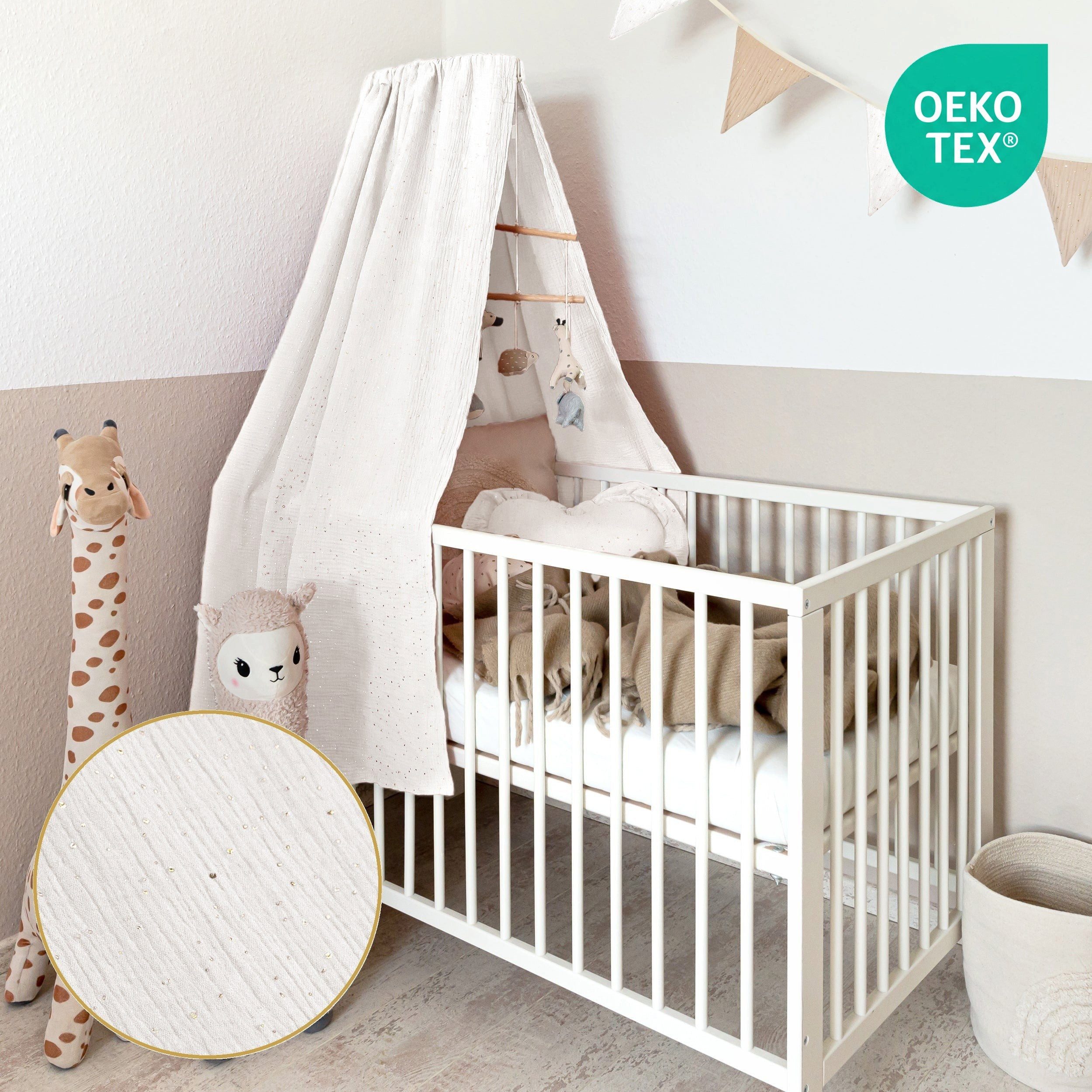 lilimaus Betthimmel für Babybett aus 100% Musselin - luftiger Baldachin (1-tlg), fein schimmernde Gold-Punkte - weich & sanft zu zarter Babyhaut