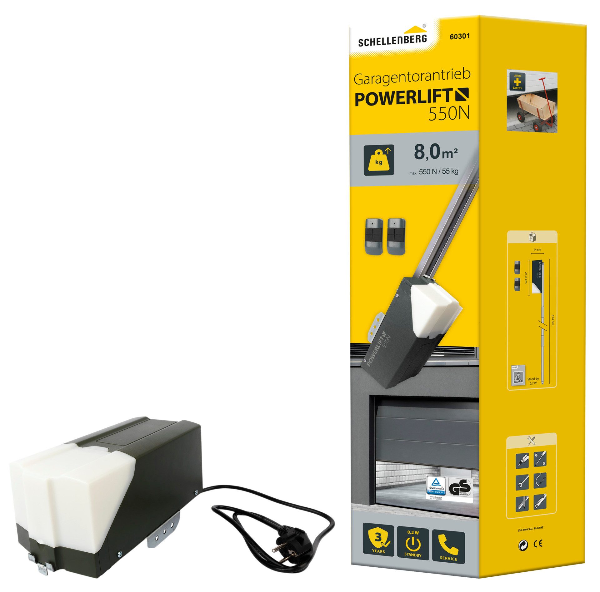SCHELLENBERG Garagentorantrieb Powerlift 550 N, max. Torfläche 8 m², Zugkraft 550 N, inkl. 2 x 4-Kanal Handsender